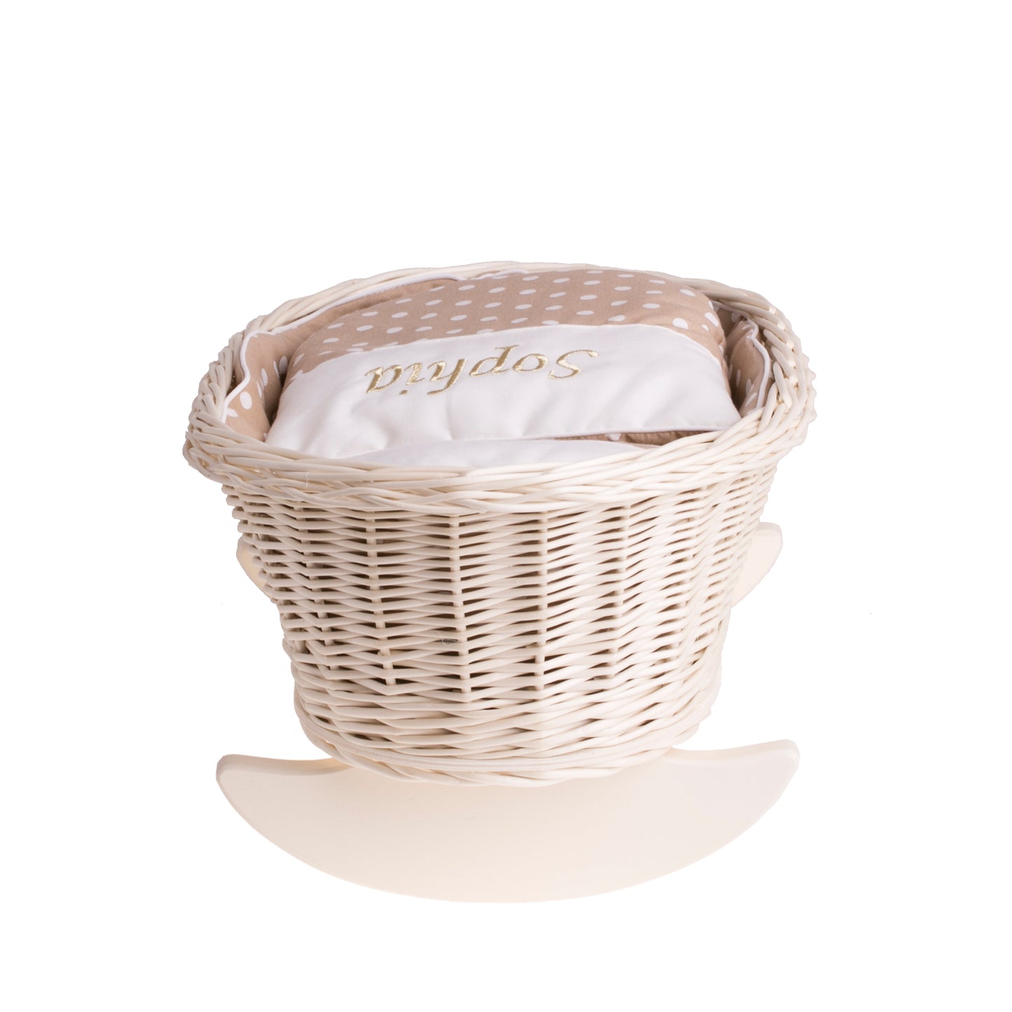 Mimi wiklinowa kołyska dla lalek z personalizacją, beżowym obszyciem, poduszką i kołderką TheWickerStories