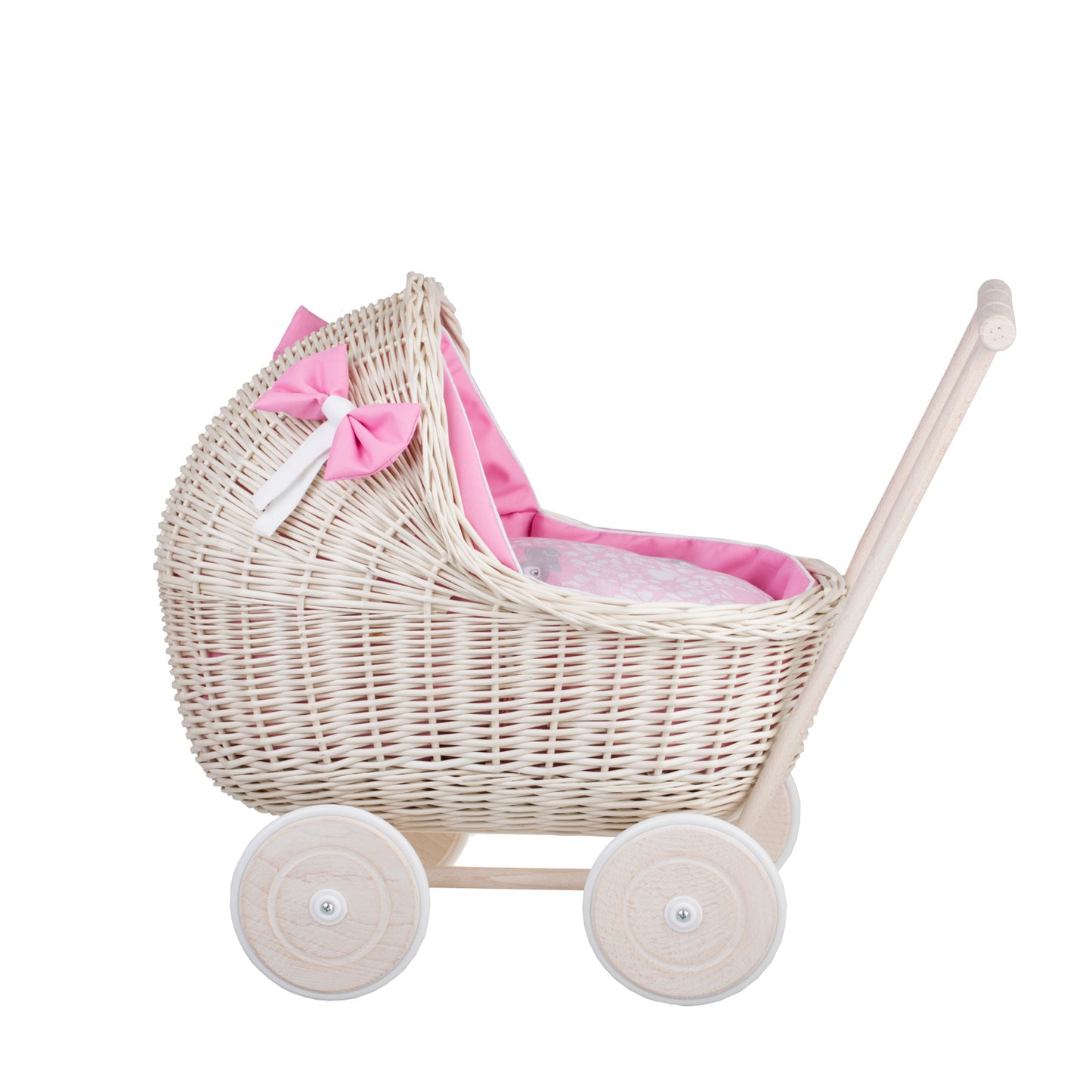 Lili wiklinowy wózek dla lalek z różowym obszyciem, kołderką i poduszką TheWickerStories