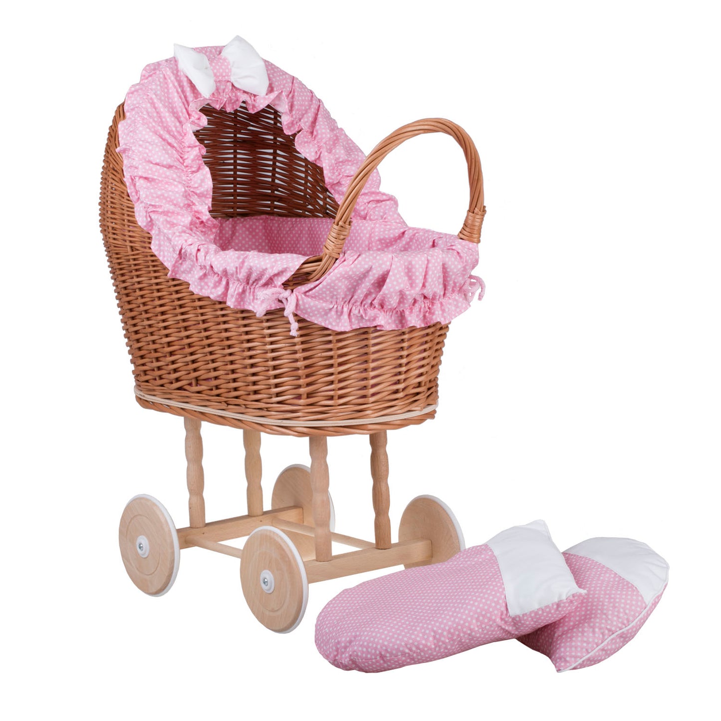 Lulu wiklinowy wózek dla lalek z różowym obszyciem, kołderką i poduszką TheWickerStories