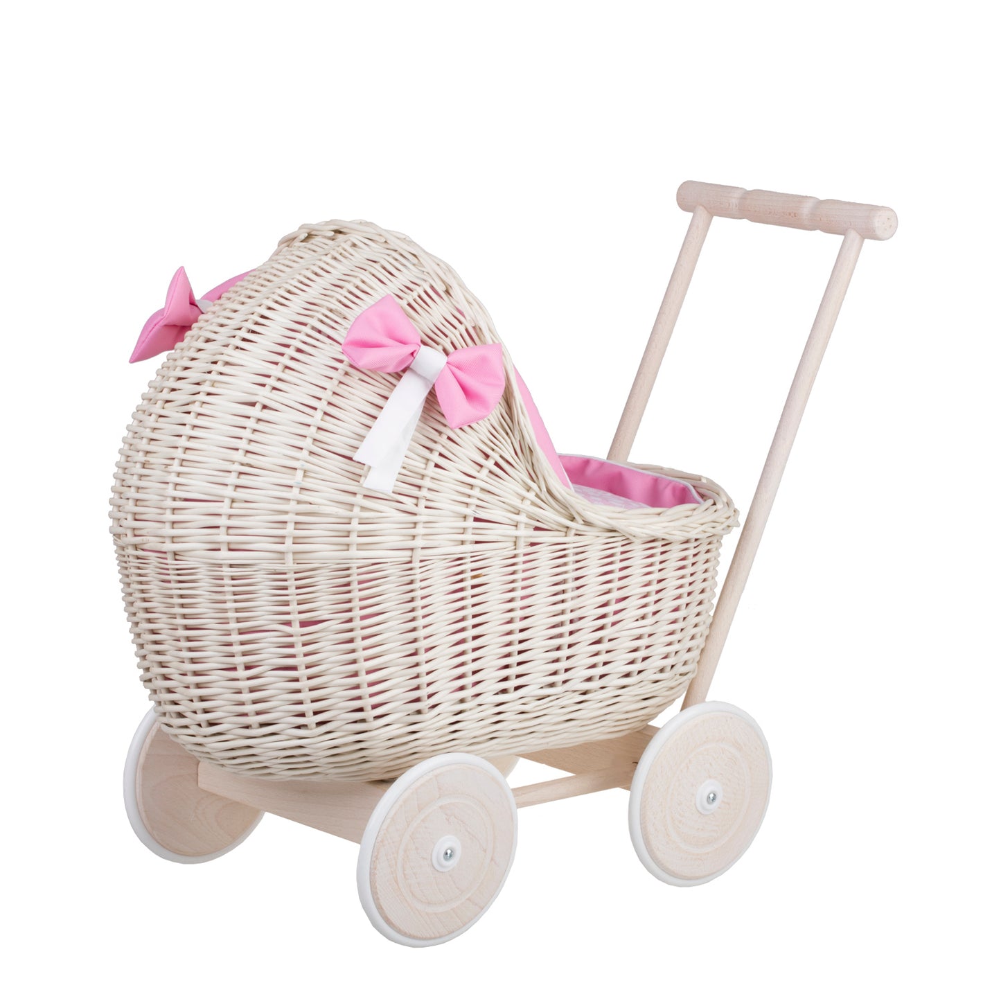 Lili wiklinowy wózek dla lalek z różowym obszyciem, kołderką i poduszką TheWickerStories