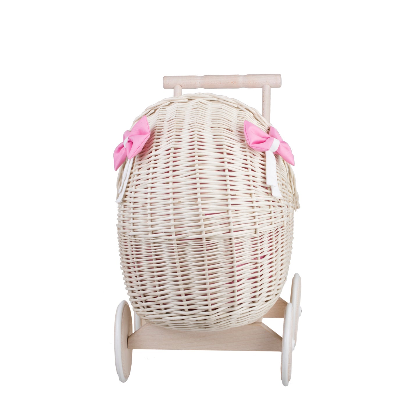 Lili wiklinowy wózek dla lalek z różowym obszyciem, kołderką i poduszką TheWickerStories