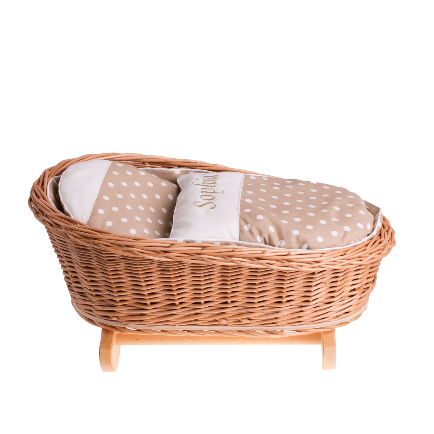 Mimi wiklinowa kołyska dla lalek z personalizacją, beżowym obszyciem, poduszką i kołderką TheWickerStories