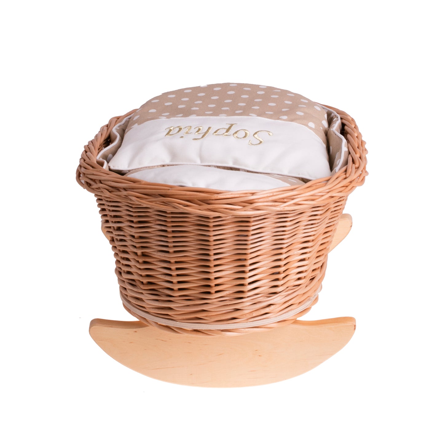 Mimi wiklinowa kołyska dla lalek z personalizacją, beżowym obszyciem, poduszką i kołderką TheWickerStories