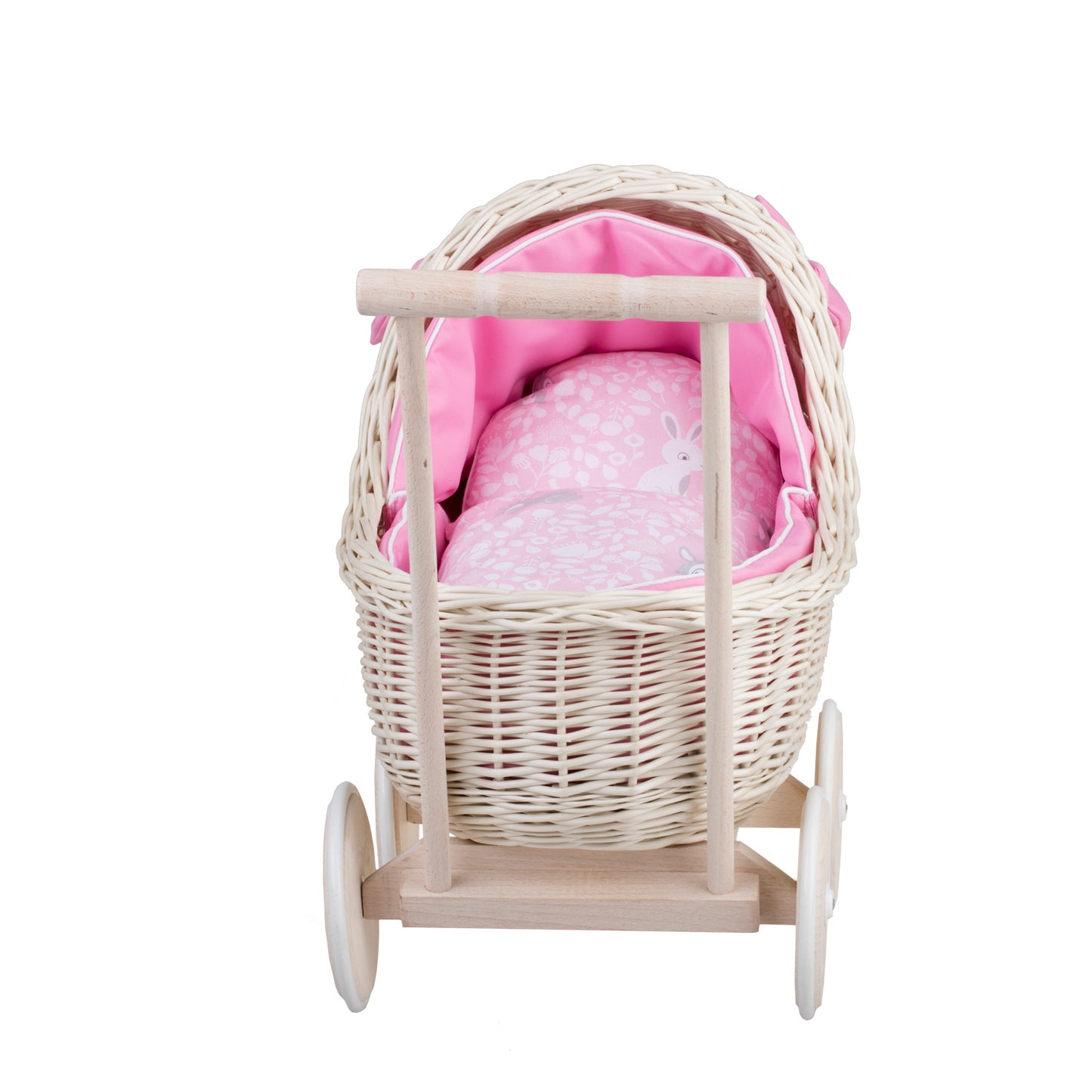 Lili wiklinowy wózek dla lalek z różowym obszyciem, kołderką i poduszką TheWickerStories