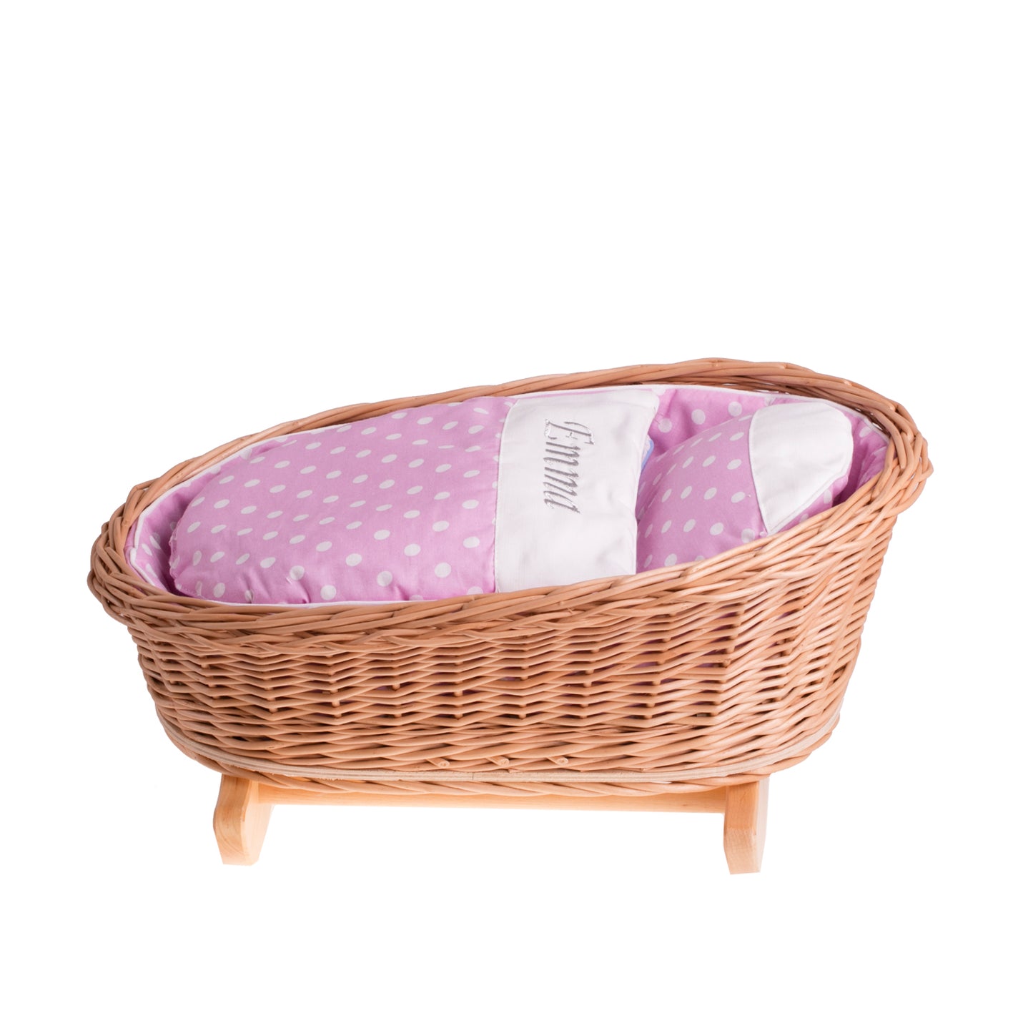 Mimi wiklinowa kołyska dla lalek z personalizacją, różowym obszyciem, poduszką i kołderką TheWickerStories