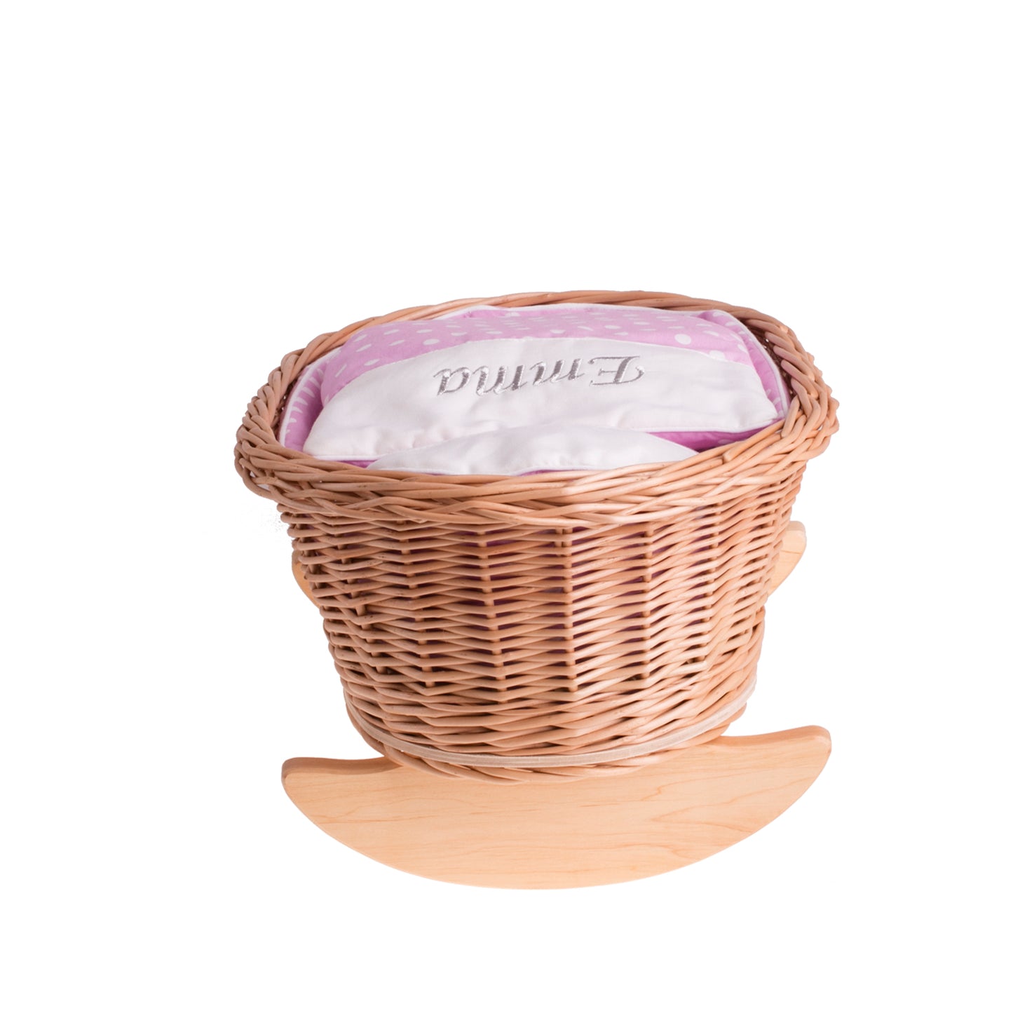 Mimi wiklinowa kołyska dla lalek z personalizacją, różowym obszyciem, poduszką i kołderką TheWickerStories