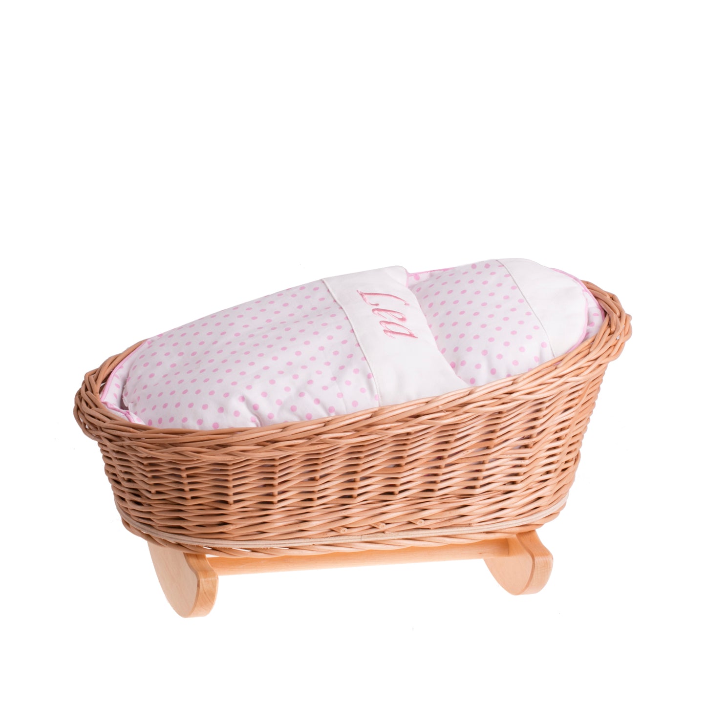 Mimi wiklinowa kołyska dla lalek z personalizacją, różowym obszyciem, poduszką i kołderką TheWickerStories