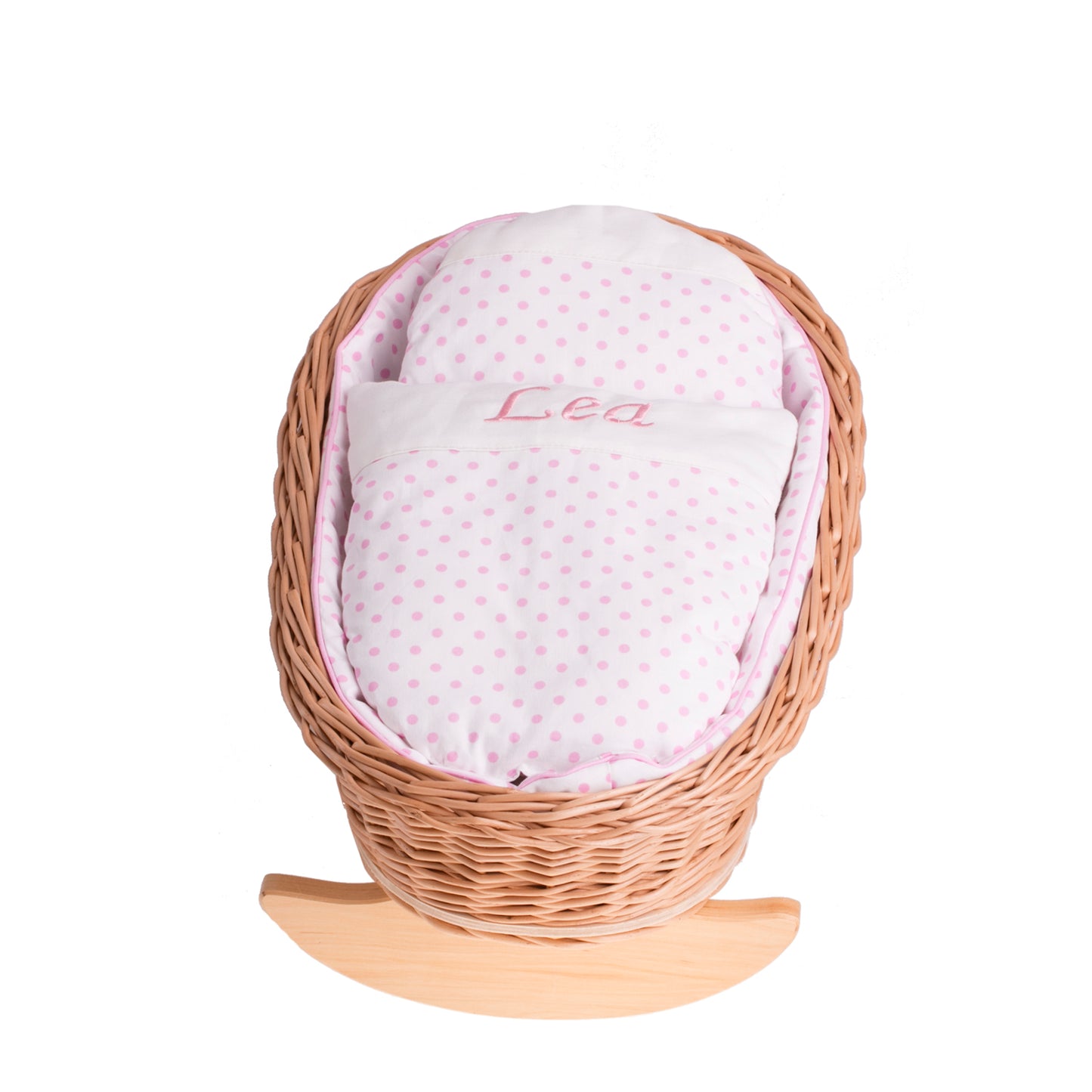 Mimi wiklinowa kołyska dla lalek z personalizacją, różowym obszyciem, poduszką i kołderką TheWickerStories