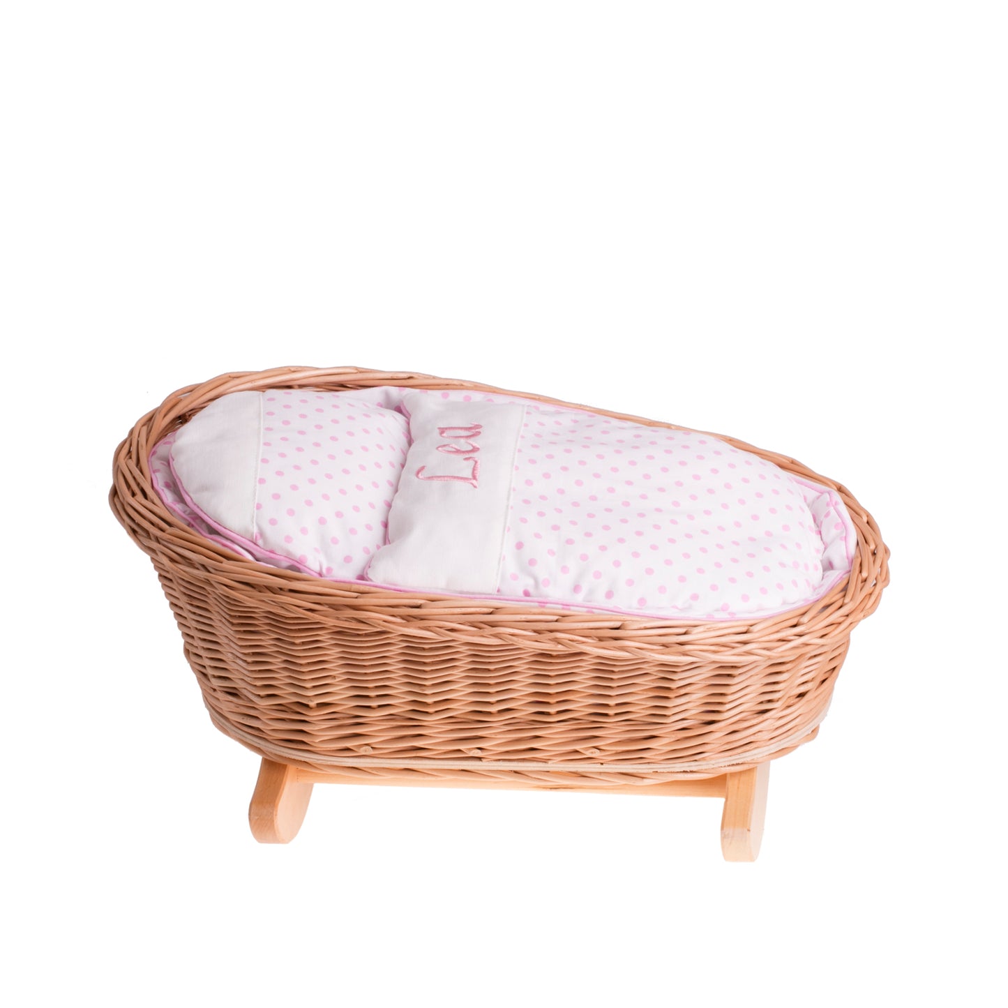 Mimi wiklinowa kołyska dla lalek z personalizacją, różowym obszyciem, poduszką i kołderką TheWickerStories