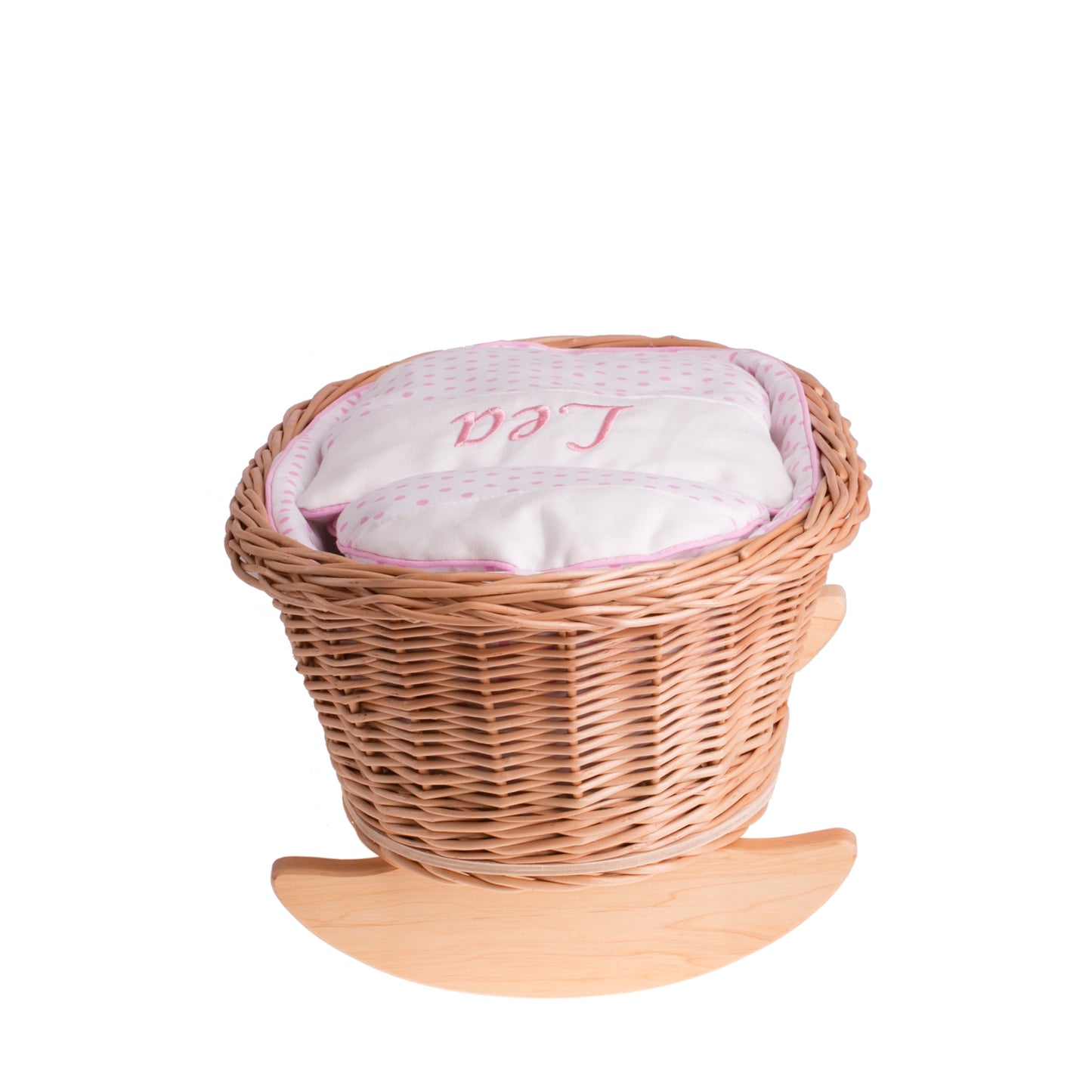 Mimi wiklinowa kołyska dla lalek z personalizacją, różowym obszyciem, poduszką i kołderką TheWickerStories