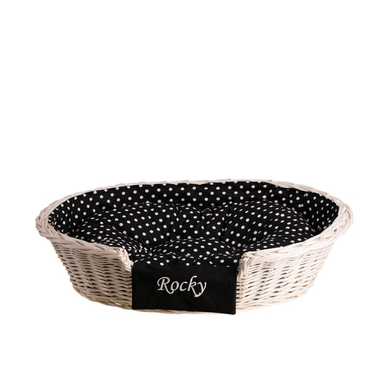 Esmira wiklinowy kosz dla psa i kota z poduszką, personalizowany TheWickerStories