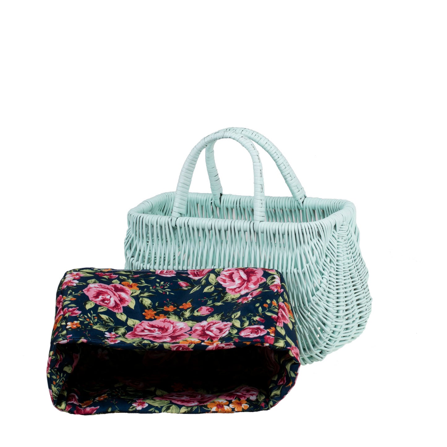 Werlissa wiklinowy kosz na zakupy i plażę z granatowym obszyciem, z rączkami TheWickerStories