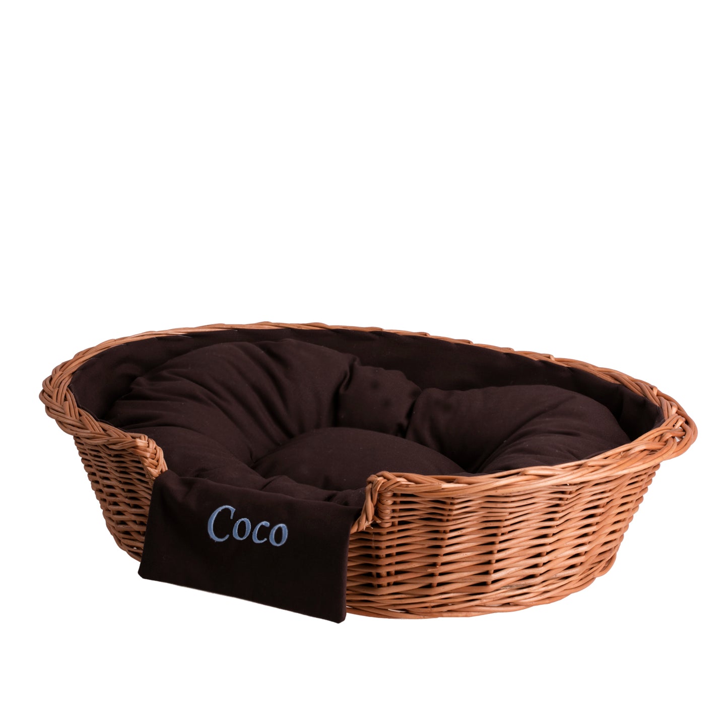 Esmira wiklinowy kosz dla psa i kota z brązową poduszką, personalizowany TheWickerStories