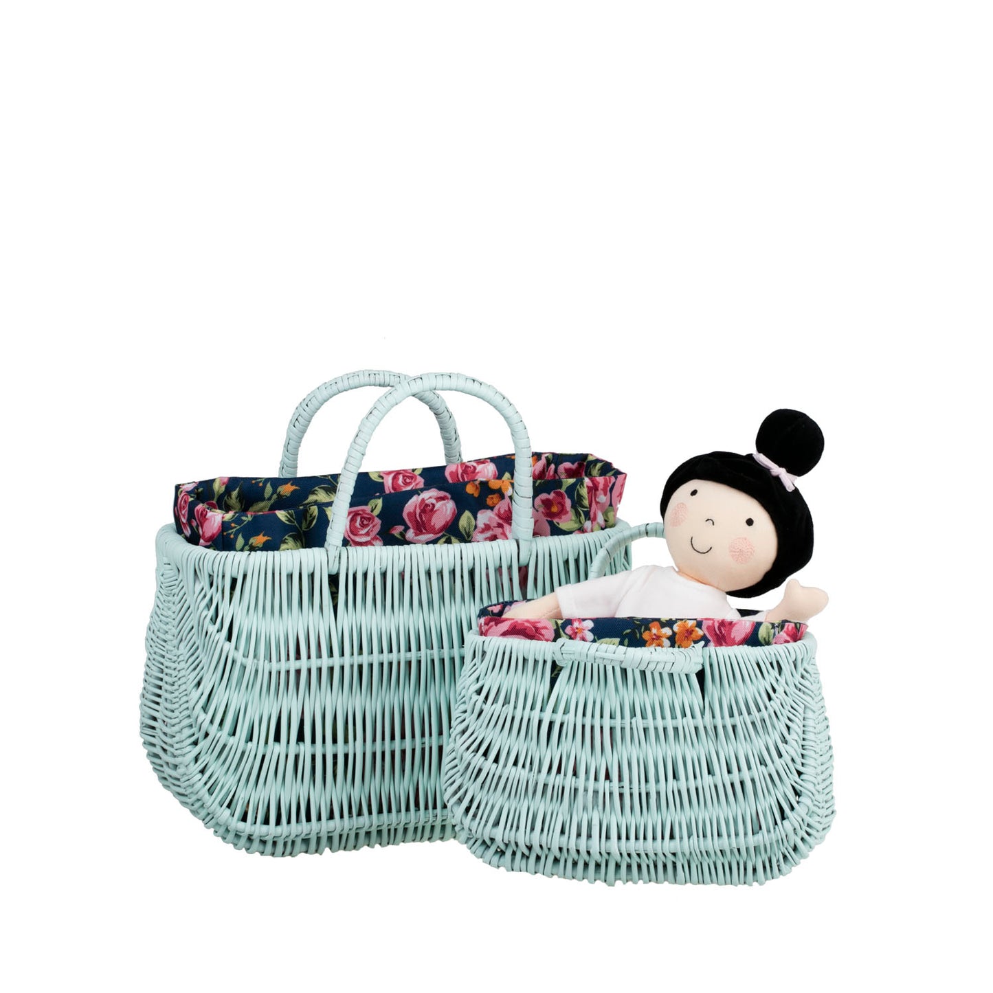 Werlissa wiklinowy kosz na zakupy i plażę z granatowym obszyciem, z rączkami TheWickerStories