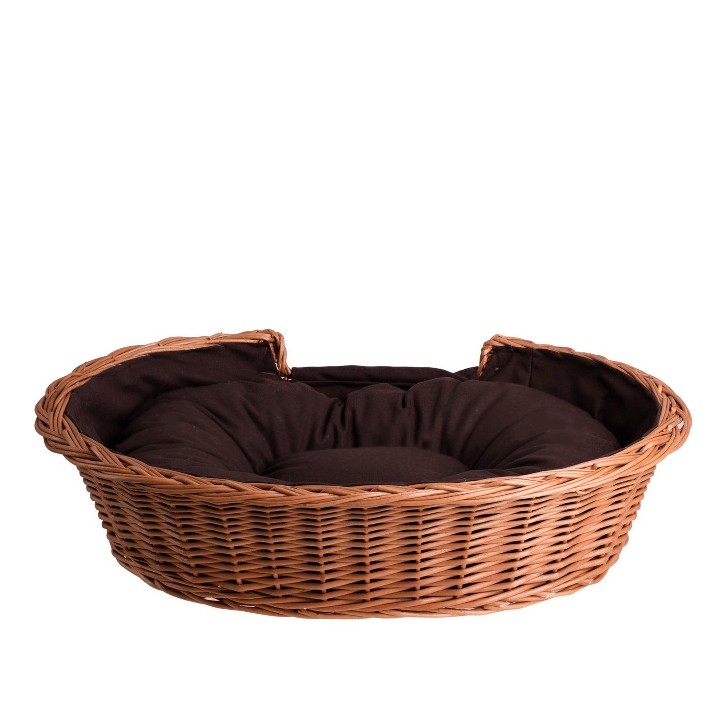 Esmira wiklinowy kosz dla psa i kota z brązową poduszką, personalizowany TheWickerStories
