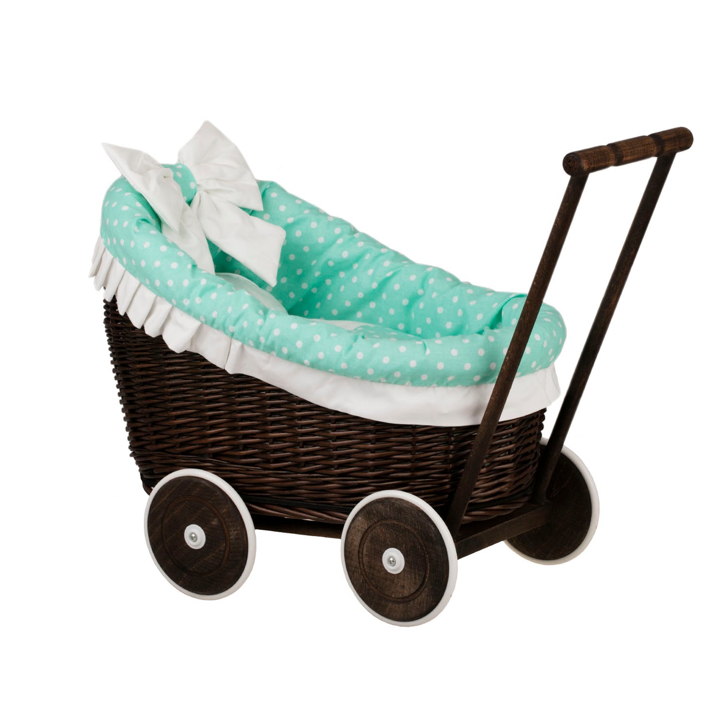 Luna wiklinowy wózek dla lalek z miętowym obszyciem, kołderką i poduszką TheWickerStories