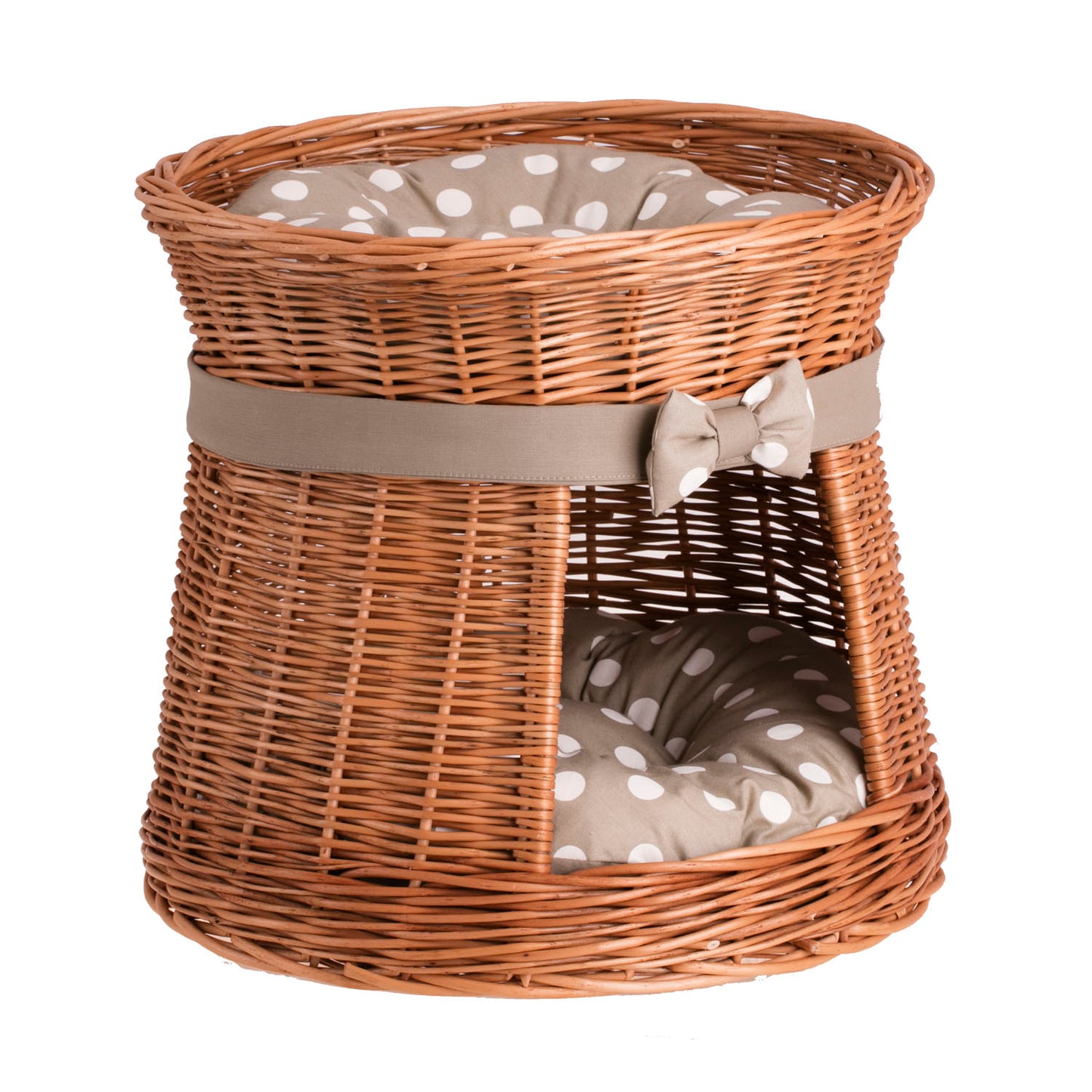 Eralis wiklinowy domek dla kota z beżowym obszyciem, dwupoziomowy, z poduszkami i kokardą TheWickerStories