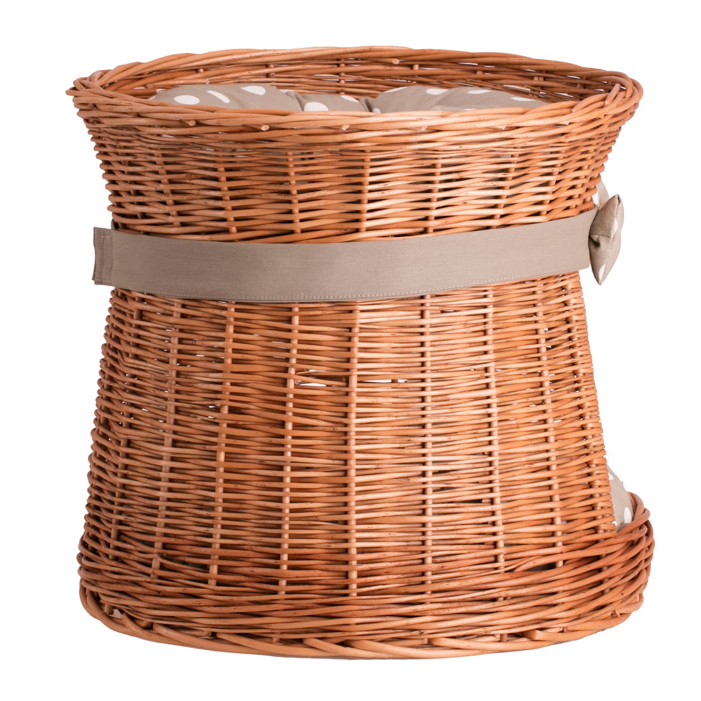 Eralis wiklinowy domek dla kota z beżowym obszyciem, dwupoziomowy, z poduszkami i kokardą TheWickerStories