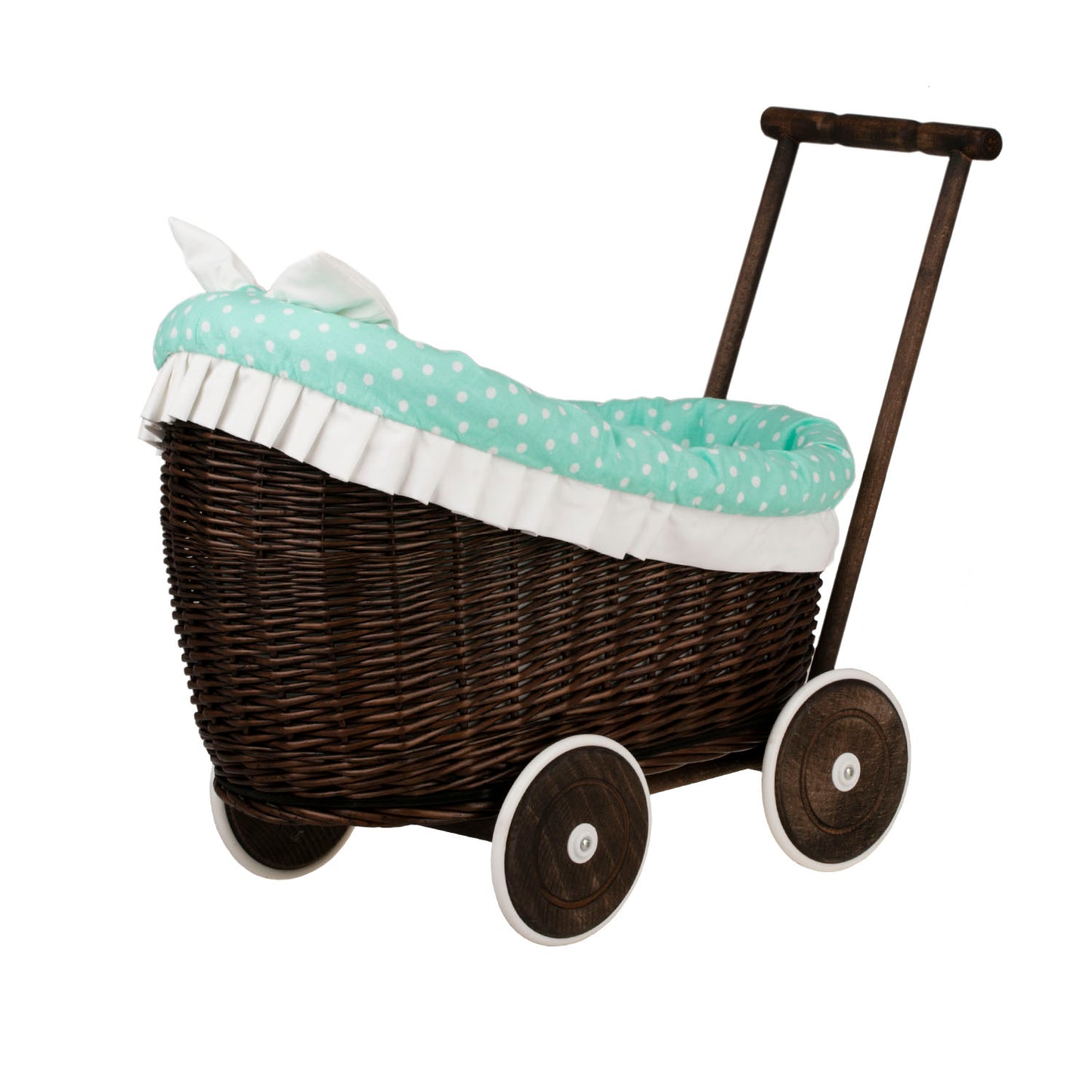 Luna wiklinowy wózek dla lalek z miętowym obszyciem, kołderką i poduszką TheWickerStories