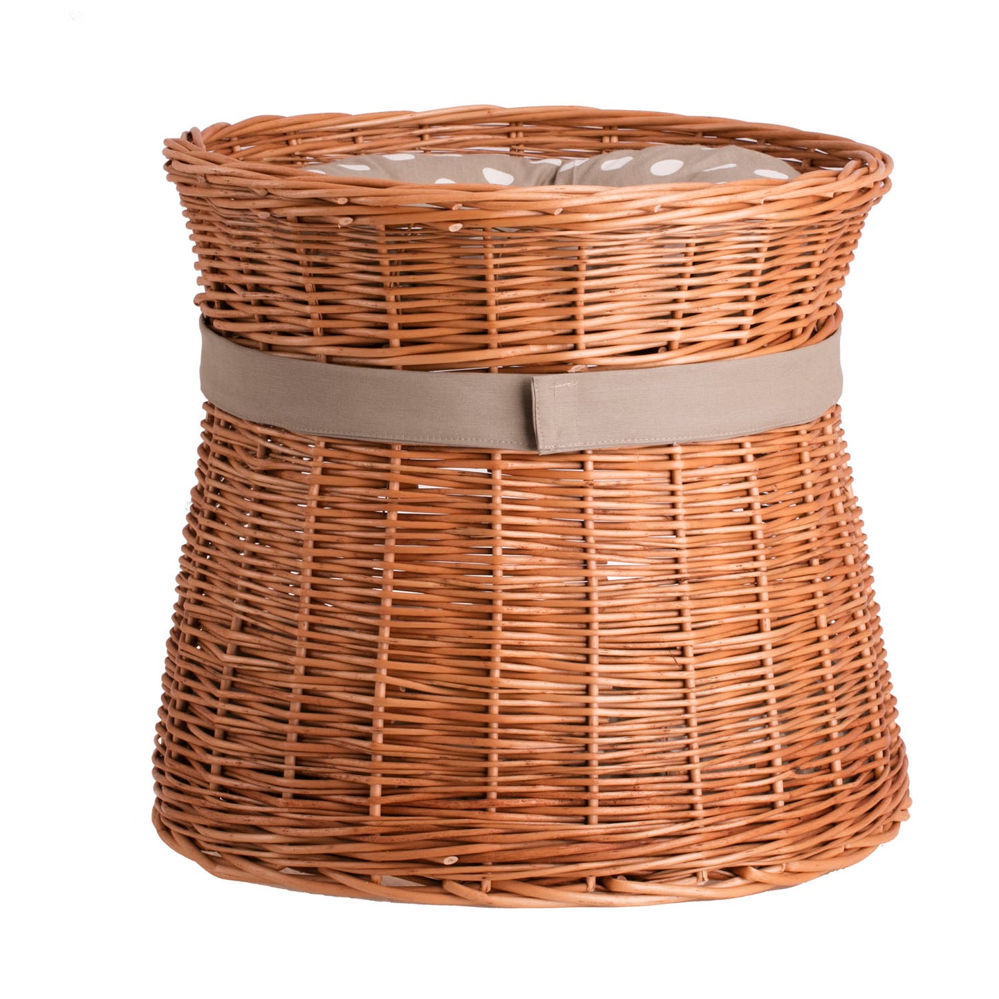 Eralis wiklinowy domek dla kota z beżowym obszyciem, dwupoziomowy, z poduszkami i kokardą TheWickerStories