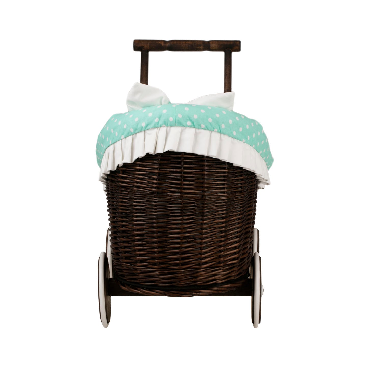 Luna wiklinowy wózek dla lalek z miętowym obszyciem, kołderką i poduszką TheWickerStories