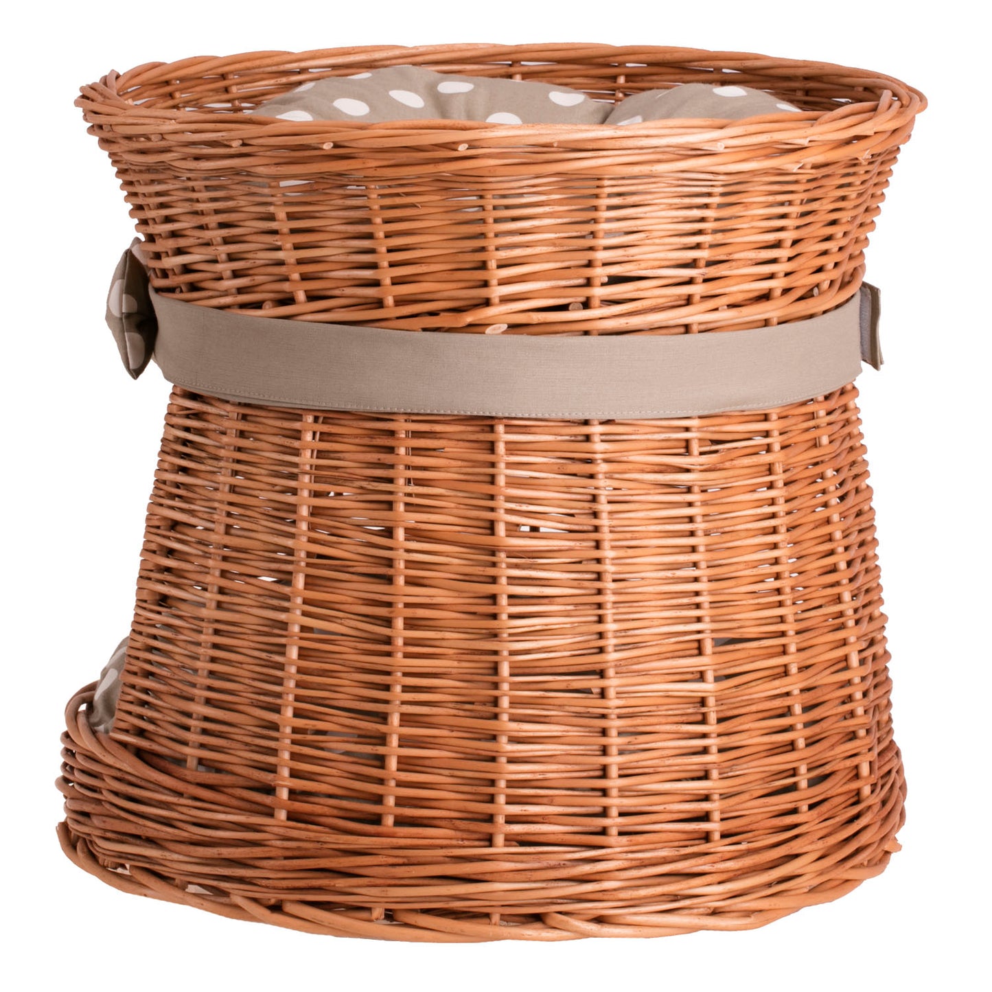 Eralis wiklinowy domek dla kota z beżowym obszyciem, dwupoziomowy, z poduszkami i kokardą TheWickerStories