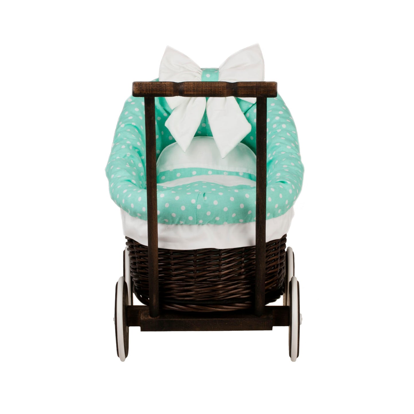 Luna wiklinowy wózek dla lalek z miętowym obszyciem, kołderką i poduszką TheWickerStories