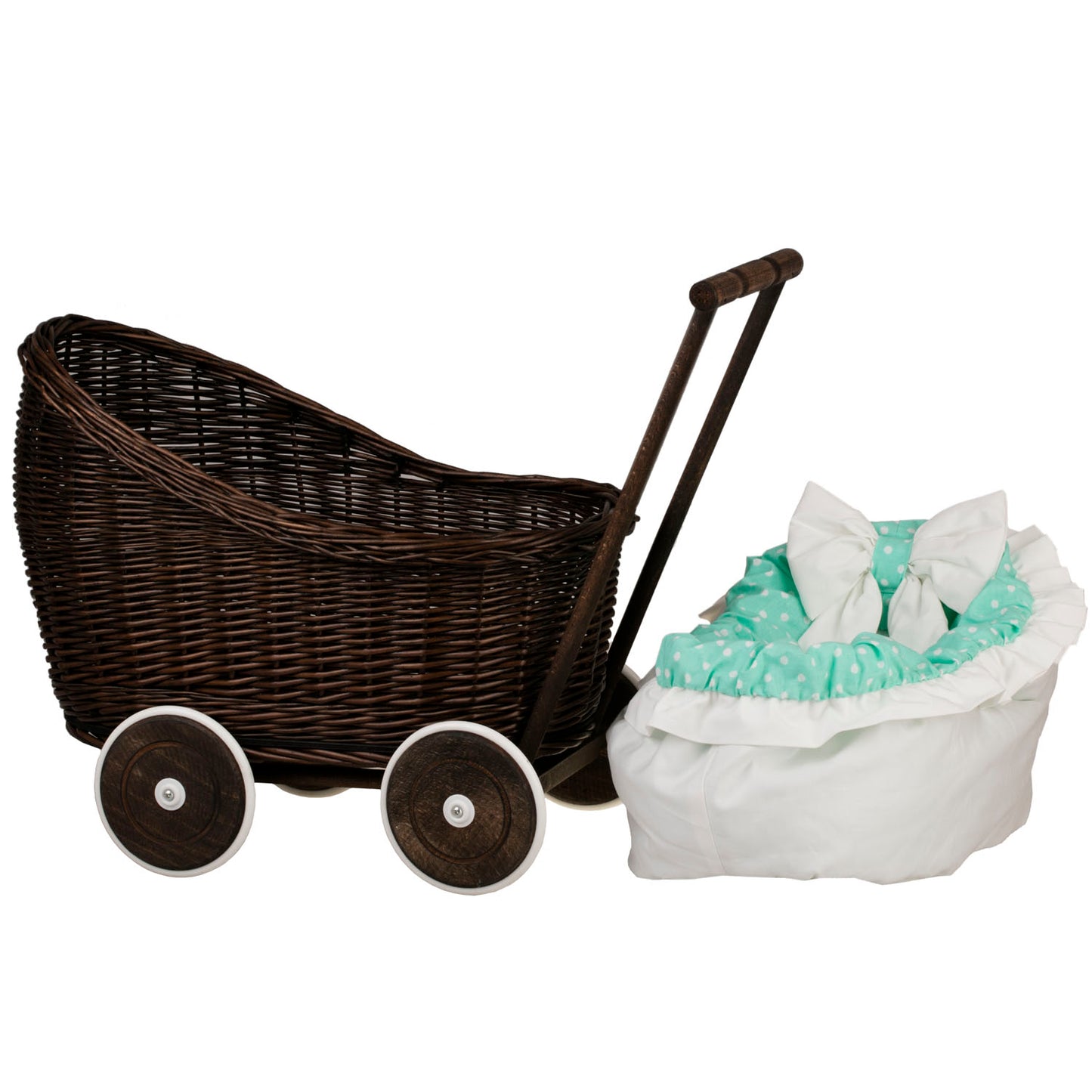 Luna wiklinowy wózek dla lalek z miętowym obszyciem, kołderką i poduszką TheWickerStories