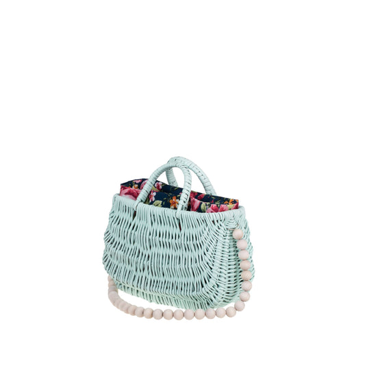 Werlissa wiklinowa torebka na plażę z granatowym obszyciem, z rączkami i paskiem z drewnianych koralików TheWickerStories