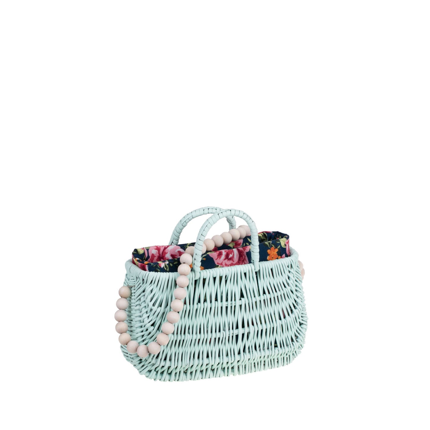 Werlissa wiklinowa torebka na plażę z granatowym obszyciem, z rączkami i paskiem z drewnianych koralików TheWickerStories