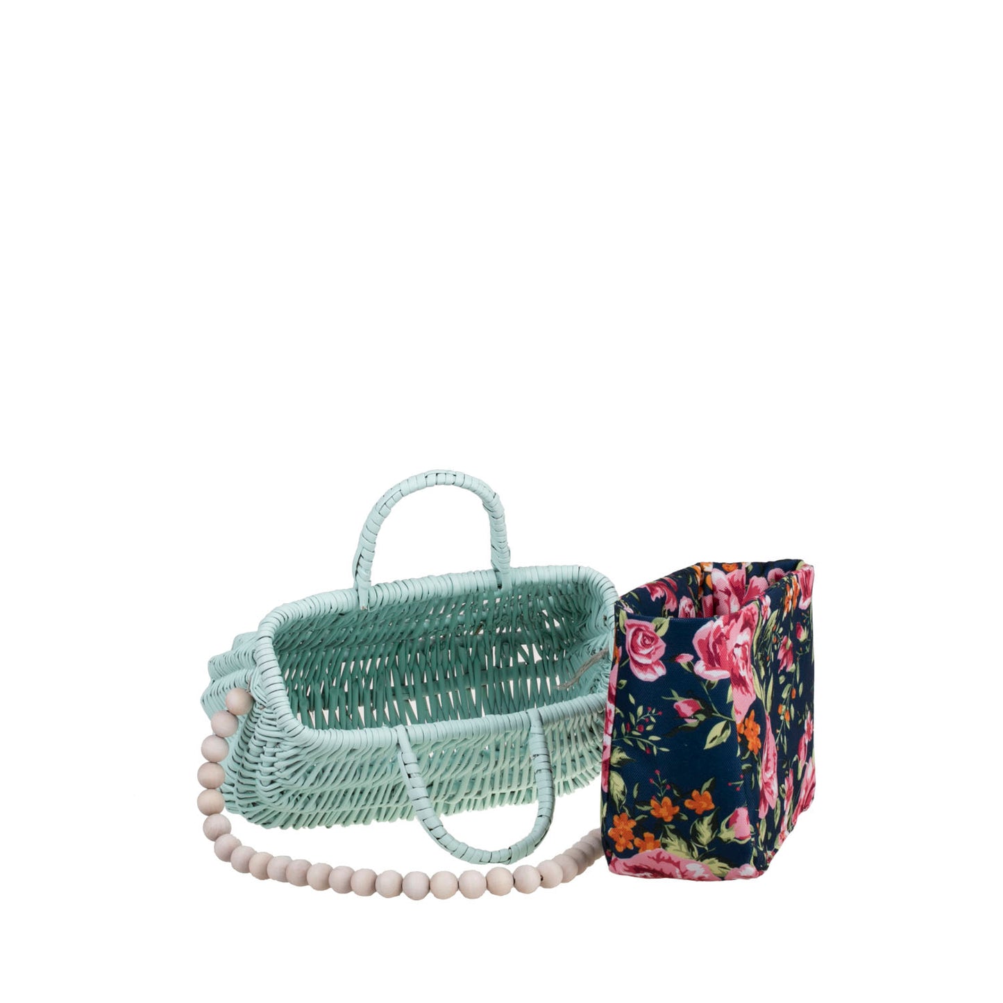 Werlissa wiklinowa torebka na plażę z granatowym obszyciem, z rączkami i paskiem z drewnianych koralików TheWickerStories