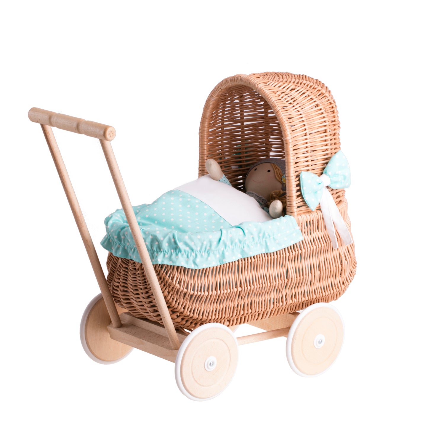 Lala wiklinowy wózek dla lalek z zielonym obszyciem, kołderką i poduszką TheWickerStories