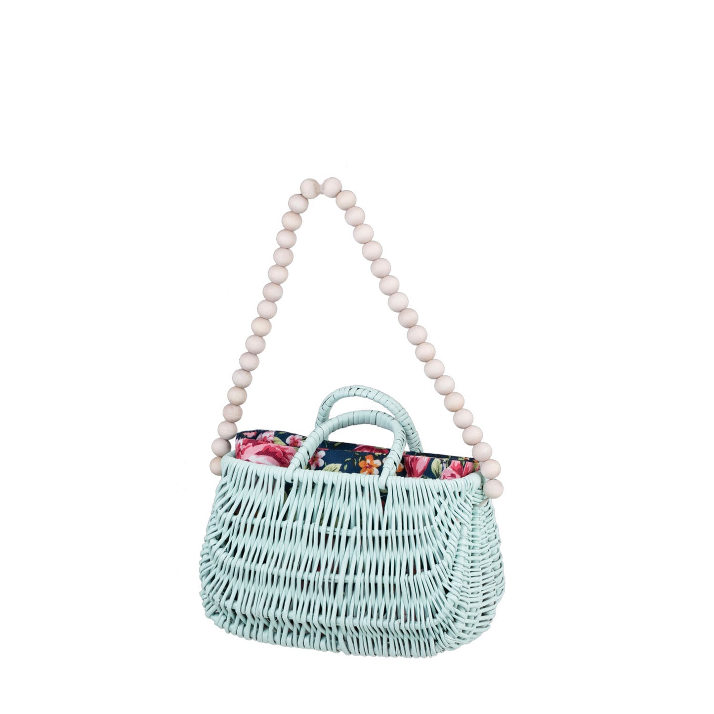 Werlissa wiklinowa torebka na plażę z granatowym obszyciem, z rączkami i paskiem z drewnianych koralików TheWickerStories