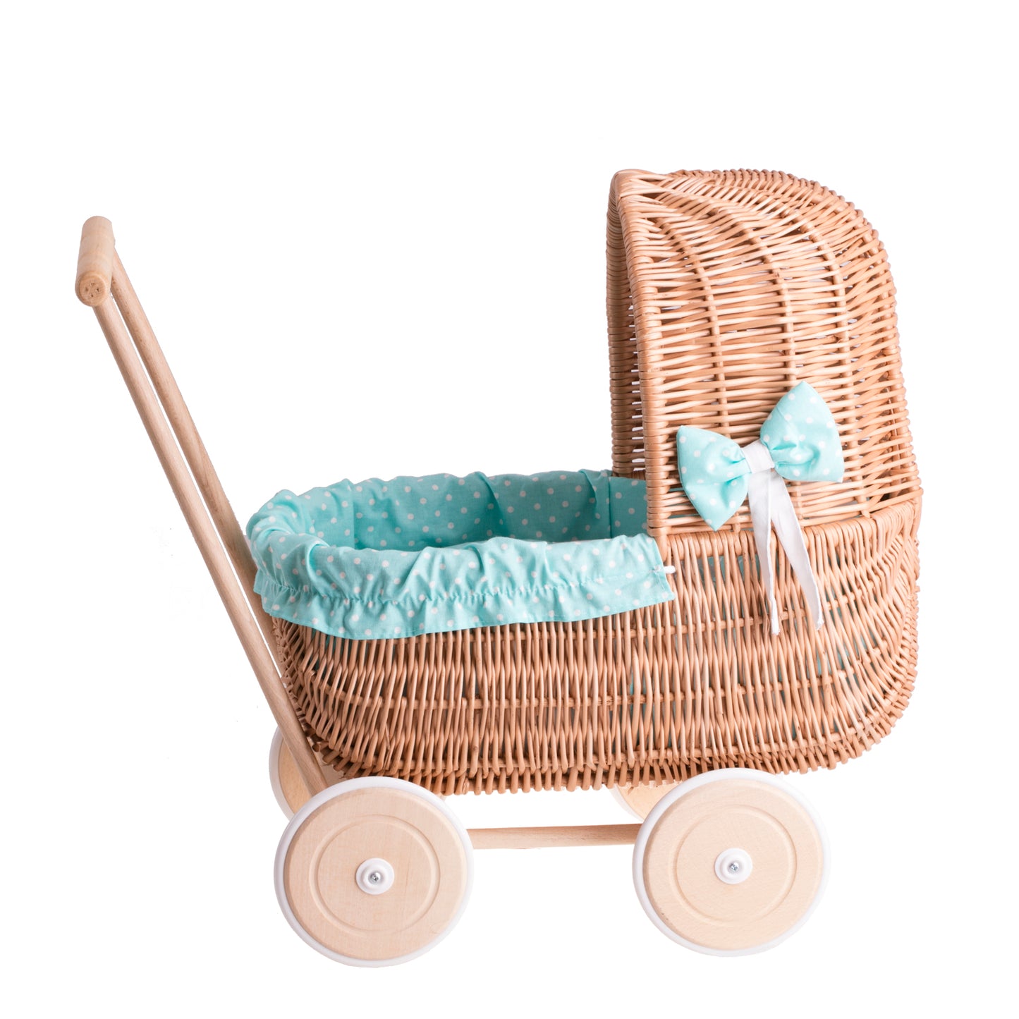 Lala wiklinowy wózek dla lalek z zielonym obszyciem, kołderką i poduszką TheWickerStories