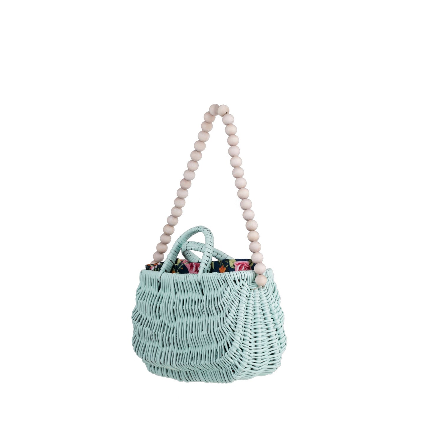 Werlissa wiklinowa torebka na plażę z granatowym obszyciem, z rączkami i paskiem z drewnianych koralików TheWickerStories