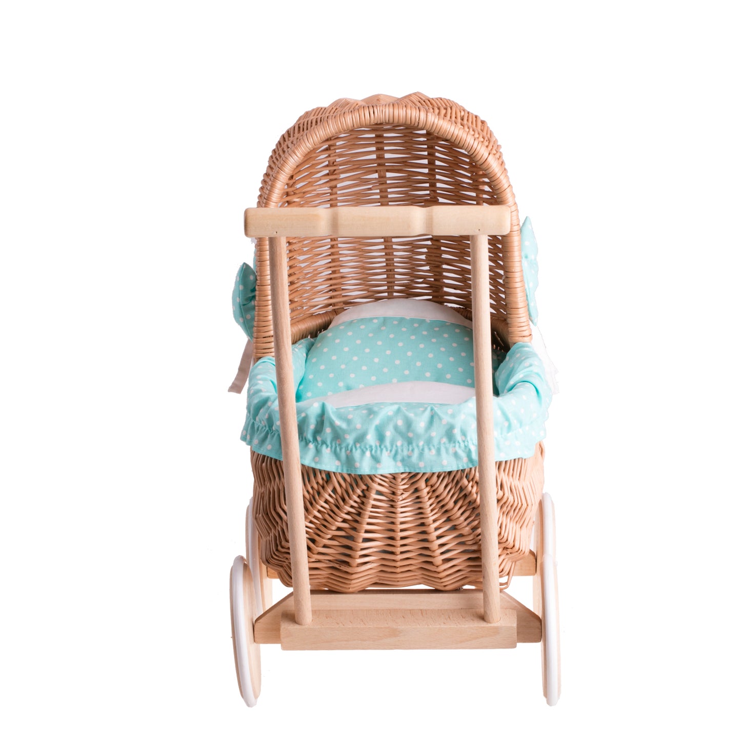 Lala wiklinowy wózek dla lalek z zielonym obszyciem, kołderką i poduszką TheWickerStories