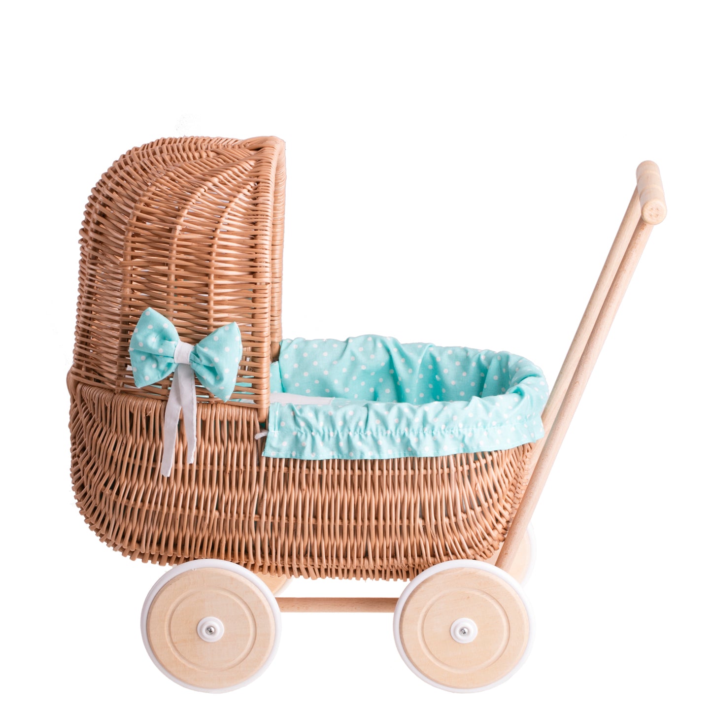 Lala wiklinowy wózek dla lalek z zielonym obszyciem, kołderką i poduszką TheWickerStories