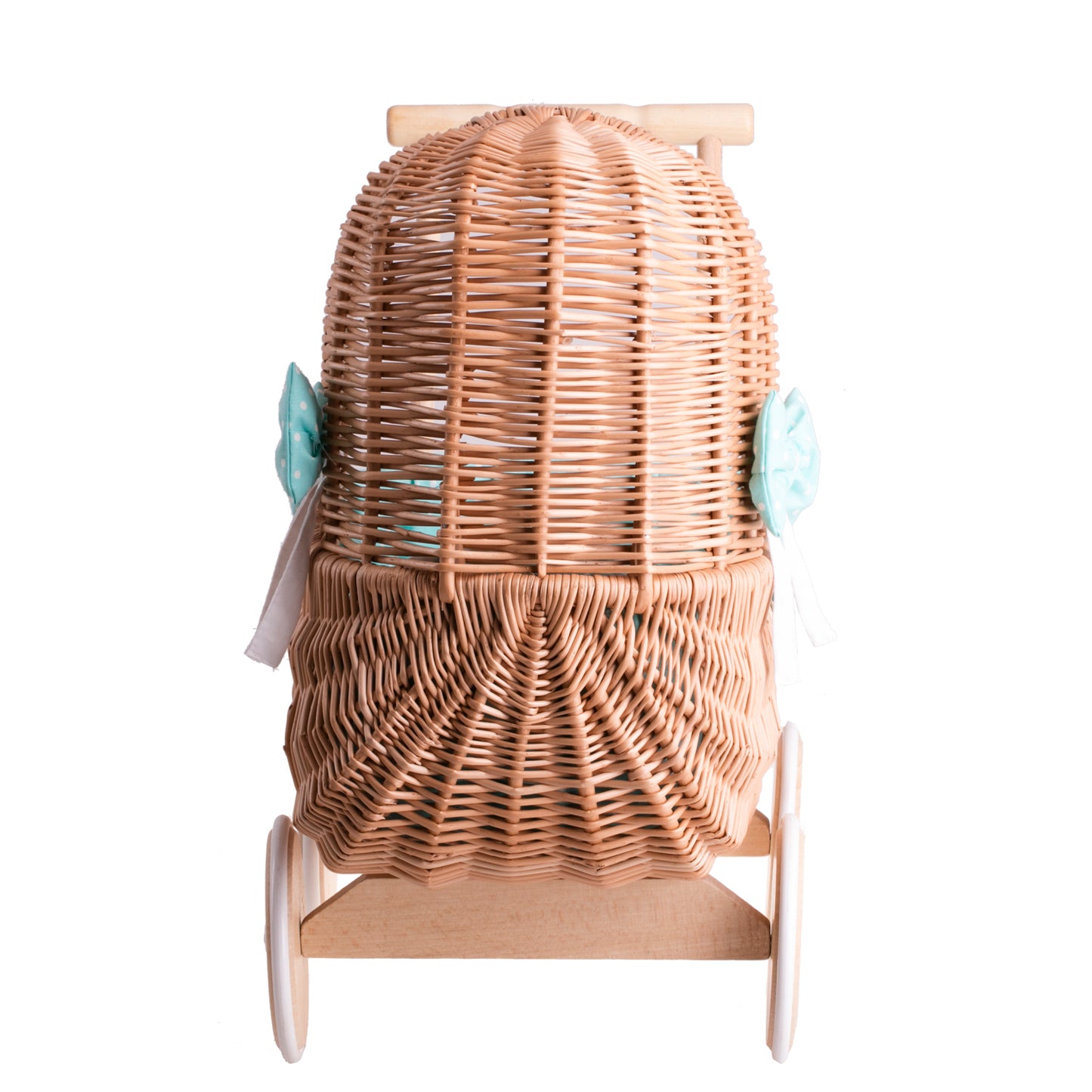 Lala wiklinowy wózek dla lalek z zielonym obszyciem, kołderką i poduszką TheWickerStories