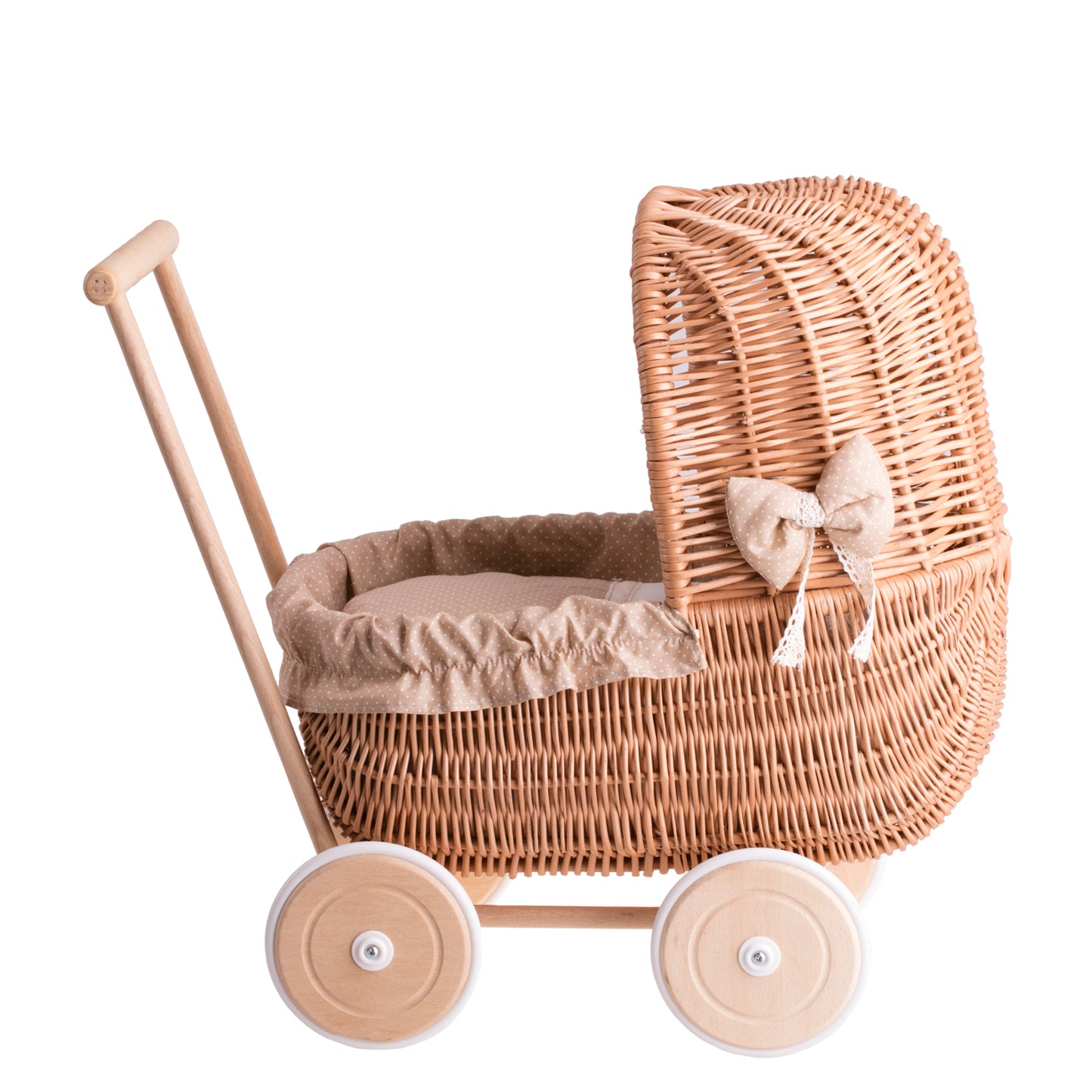 Lala Puppenwagen aus Weide mit beigem Besatz, Decke und Kissen TheWickerStories