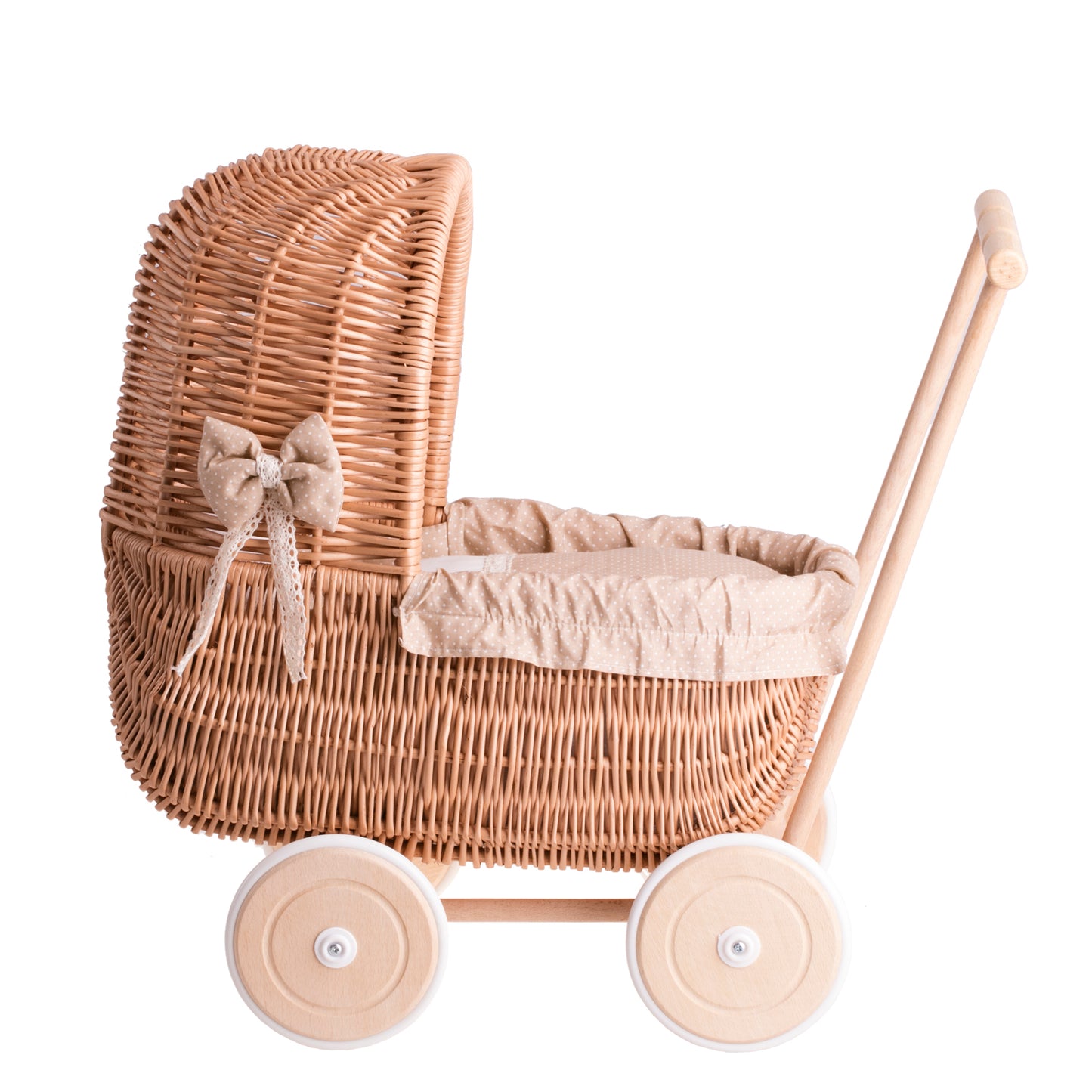 Lala Puppenwagen aus Weide mit beigem Besatz, Decke und Kissen TheWickerStories