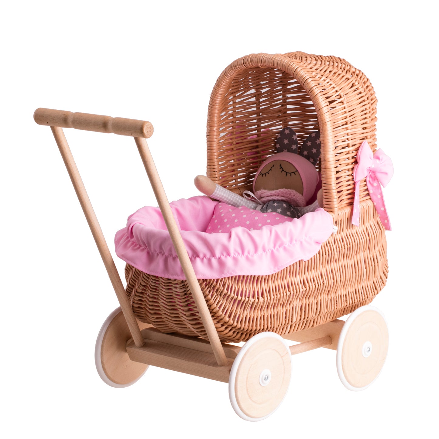 Lala wiklinowy wózek dla lalek z różowym obszyciem, kołderką i poduszką TheWickerStories
