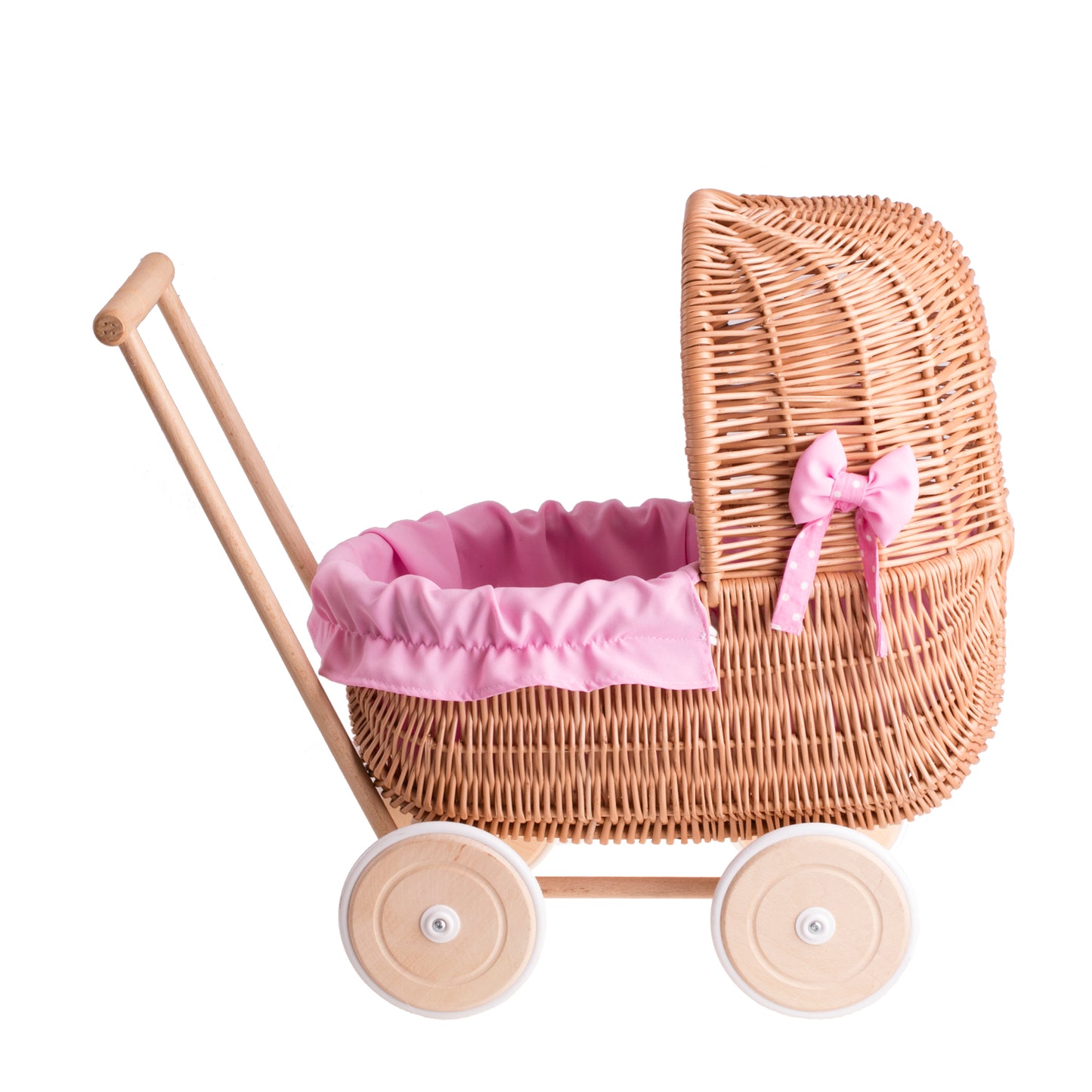 Lala wiklinowy wózek dla lalek z różowym obszyciem, kołderką i poduszką TheWickerStories
