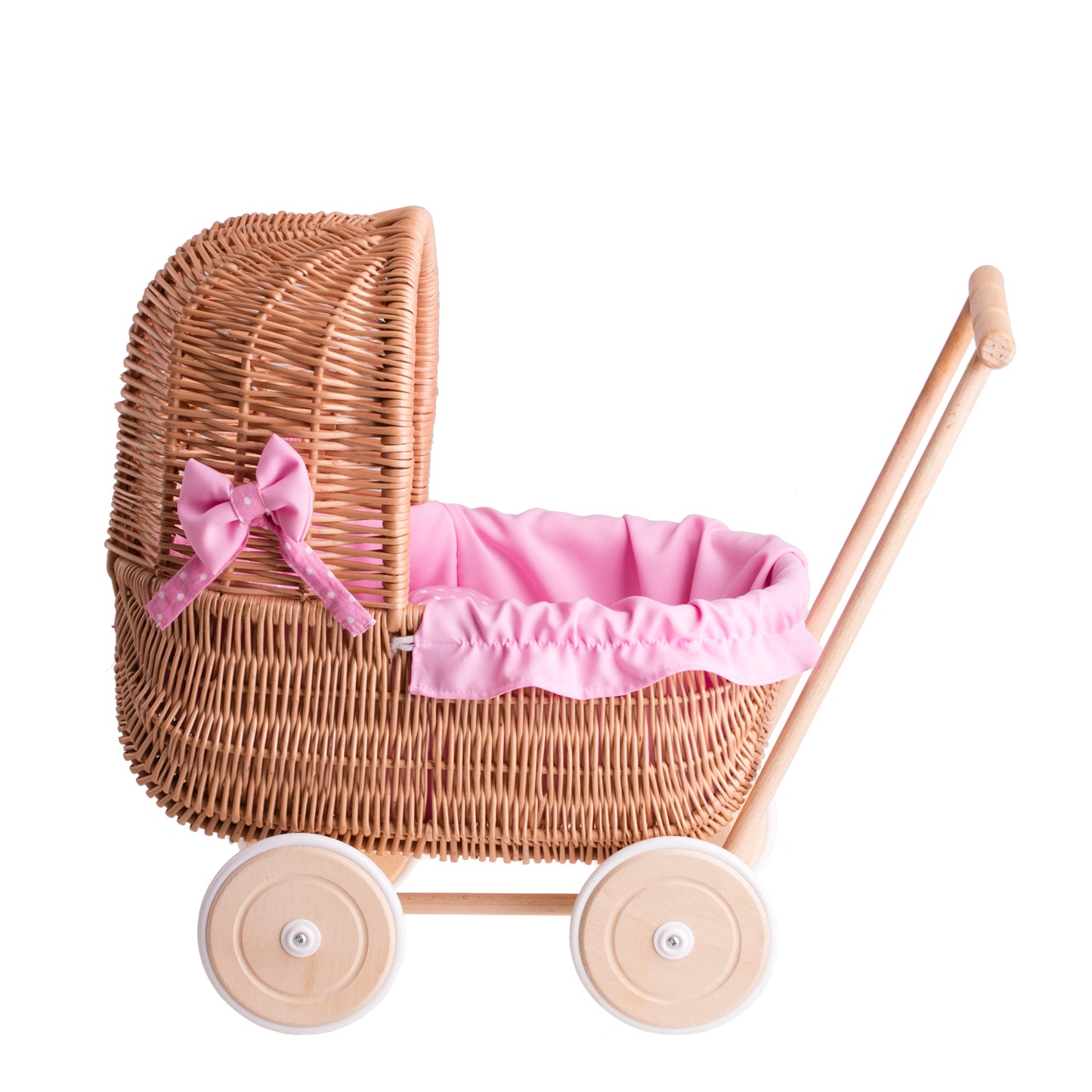 Lala wiklinowy wózek dla lalek z różowym obszyciem, kołderką i poduszką TheWickerStories