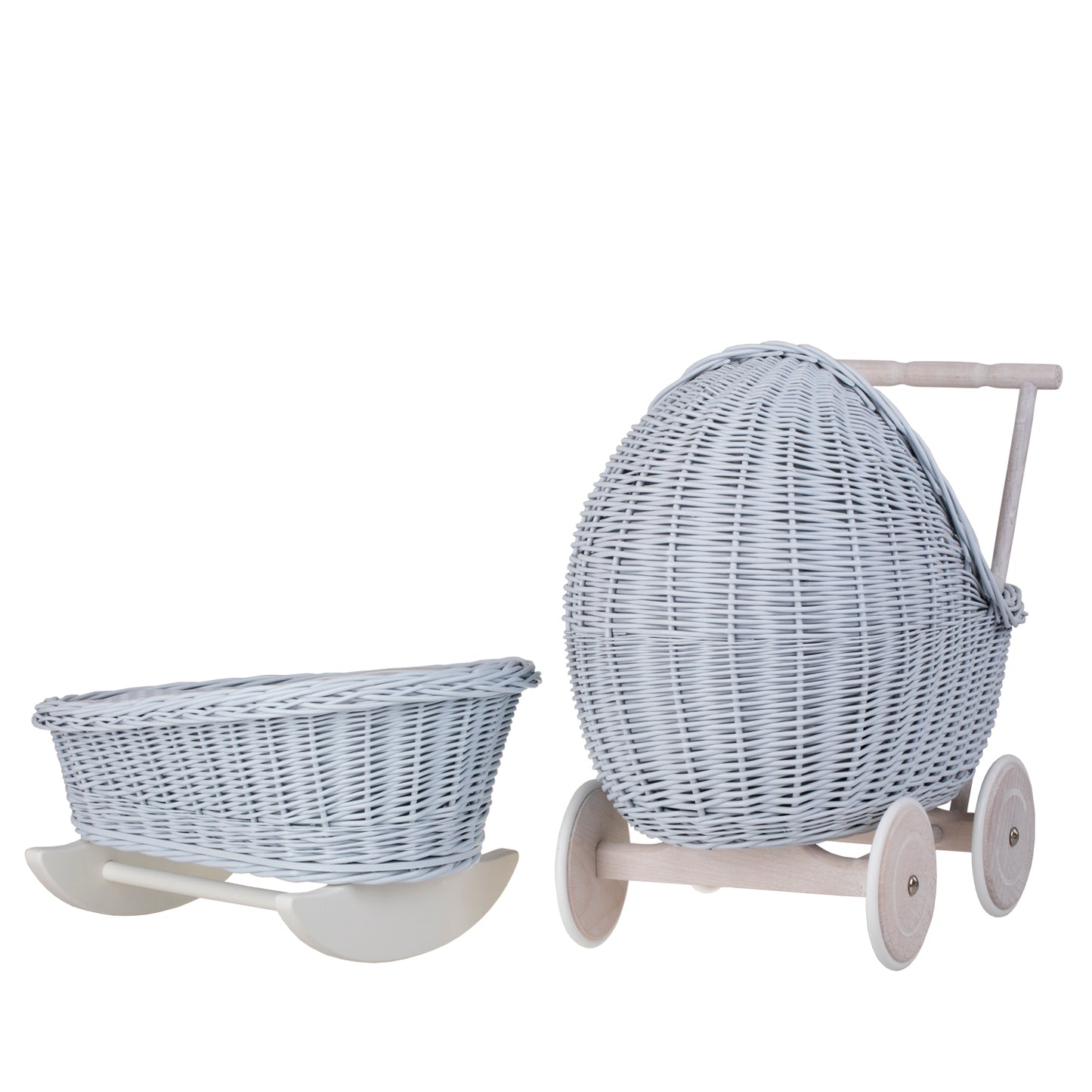 Lili wiklinowy wózek i kołyska dla lalek z niebieskim obszyciem, kołderką i poduszką TheWickerStories