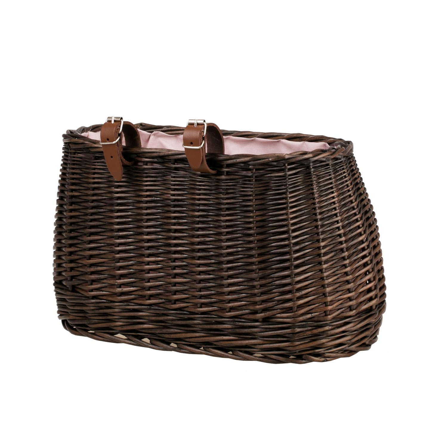 Marone wiklinowy koszyczek rowerowy z różowym obszyciem i paskami TheWickerStories