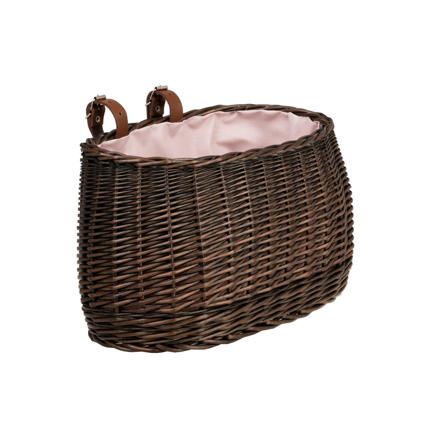 Marone wiklinowy koszyczek rowerowy z różowym obszyciem i paskami TheWickerStories