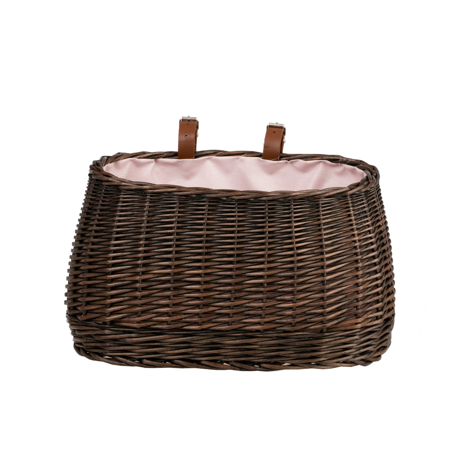 Marone wiklinowy koszyczek rowerowy z różowym obszyciem i paskami TheWickerStories