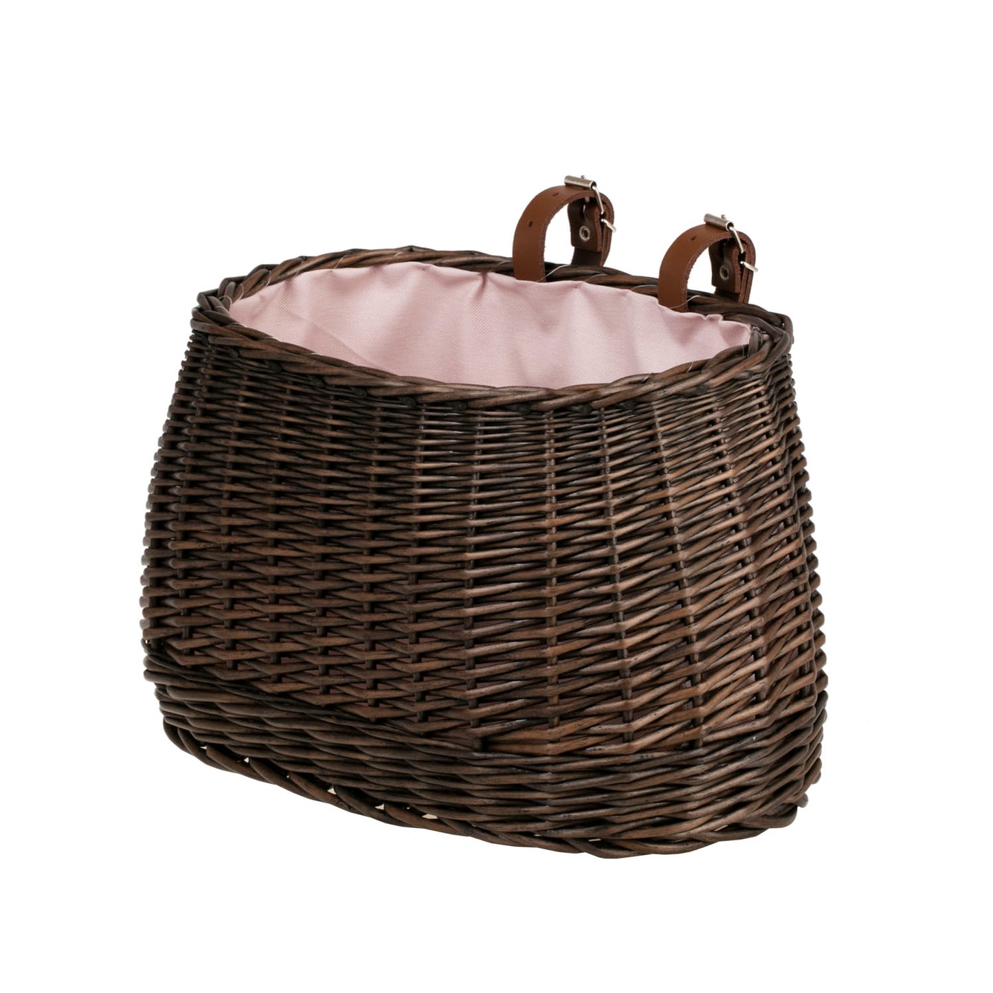 Marone wiklinowy koszyczek rowerowy z różowym obszyciem i paskami TheWickerStories