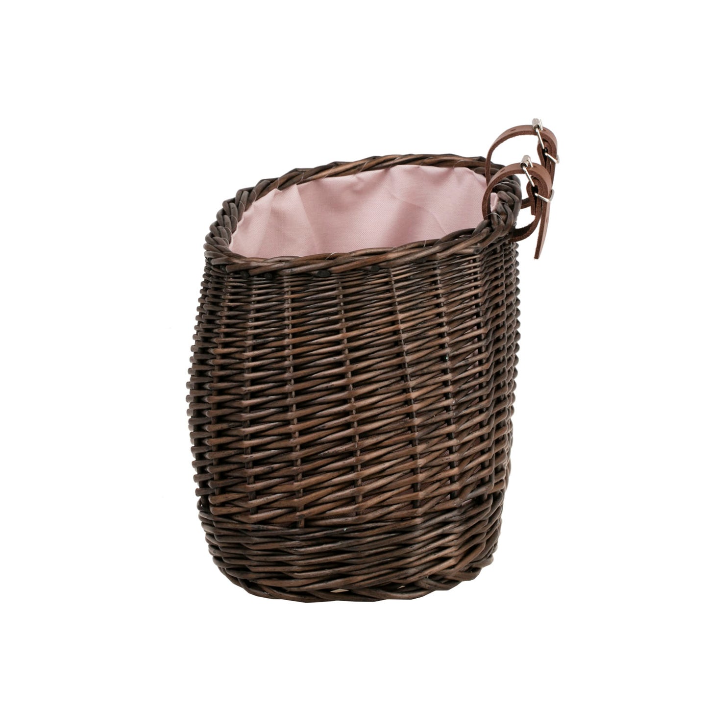 Marone wiklinowy koszyczek rowerowy z różowym obszyciem i paskami TheWickerStories