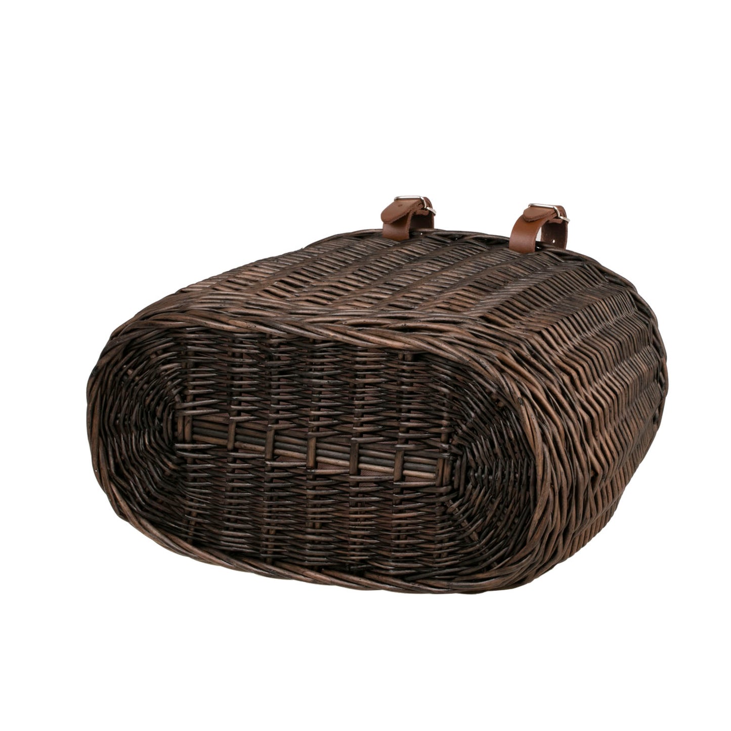 Marone wiklinowy koszyczek rowerowy z różowym obszyciem i paskami TheWickerStories